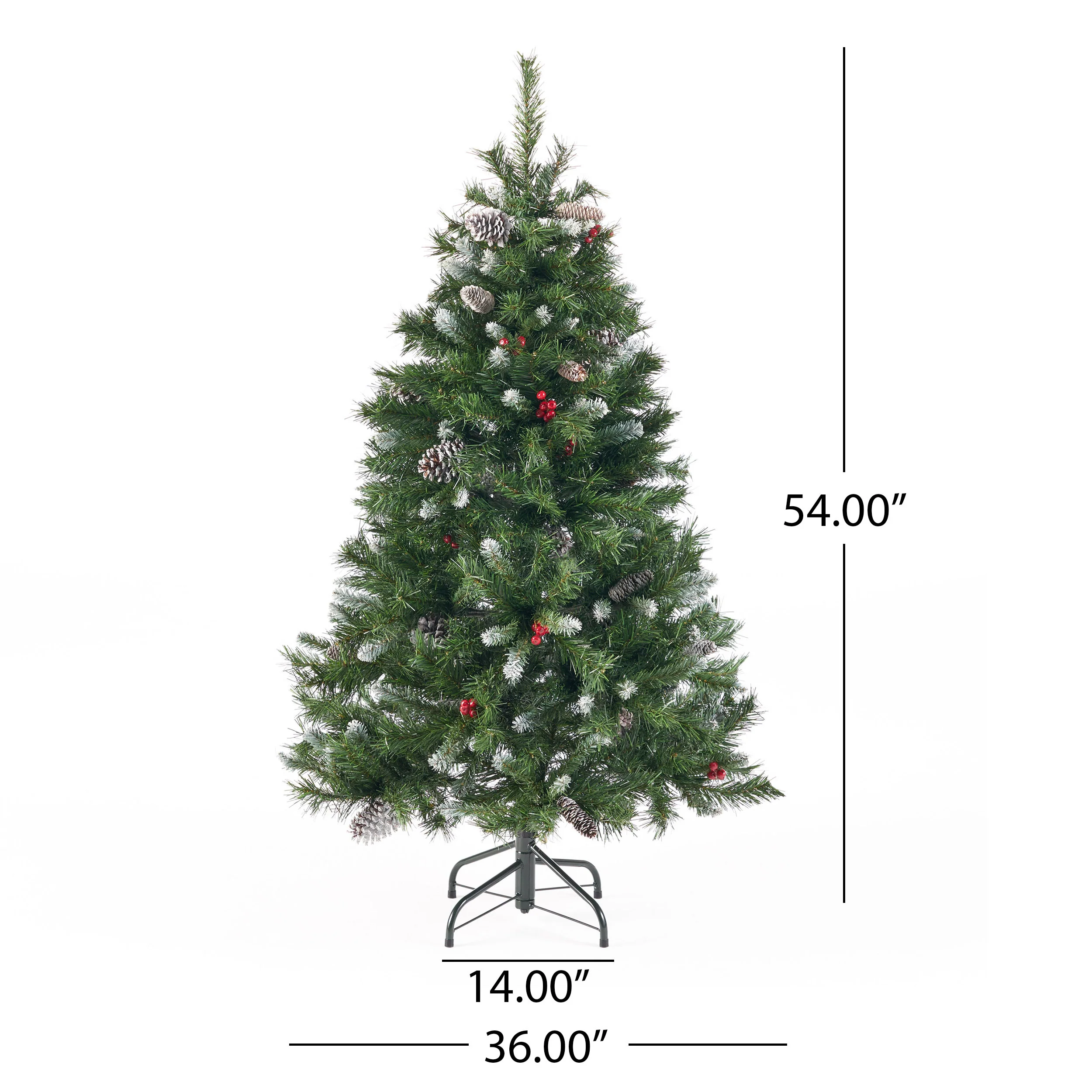 4.5-foot Mixed Spruce Hinged Artificial Christmas Tree with Frosted Branches, Red Berries, and Frosted Pinecones - furnbro