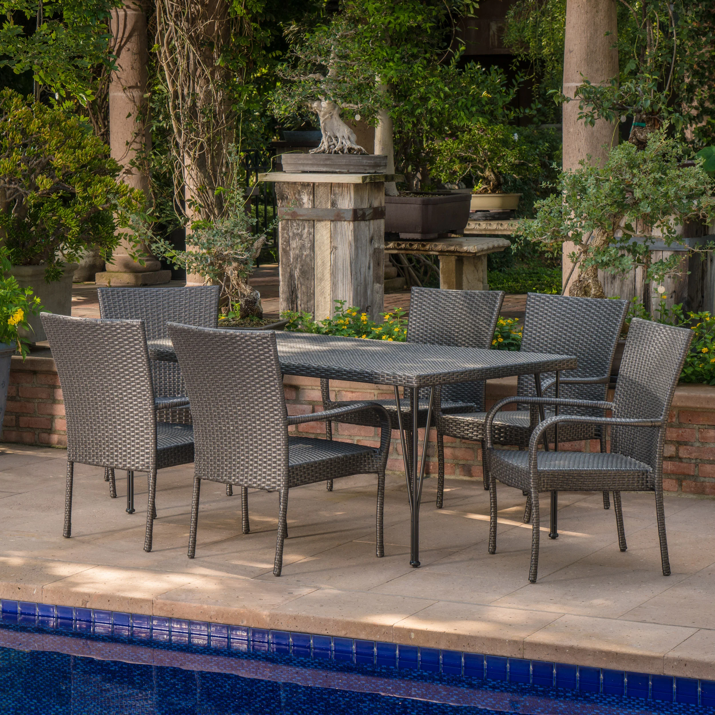 Nash Outdoor 7 Piece Gray Wicker Rectangular Dining Set with Stacking Chairs - furnishings