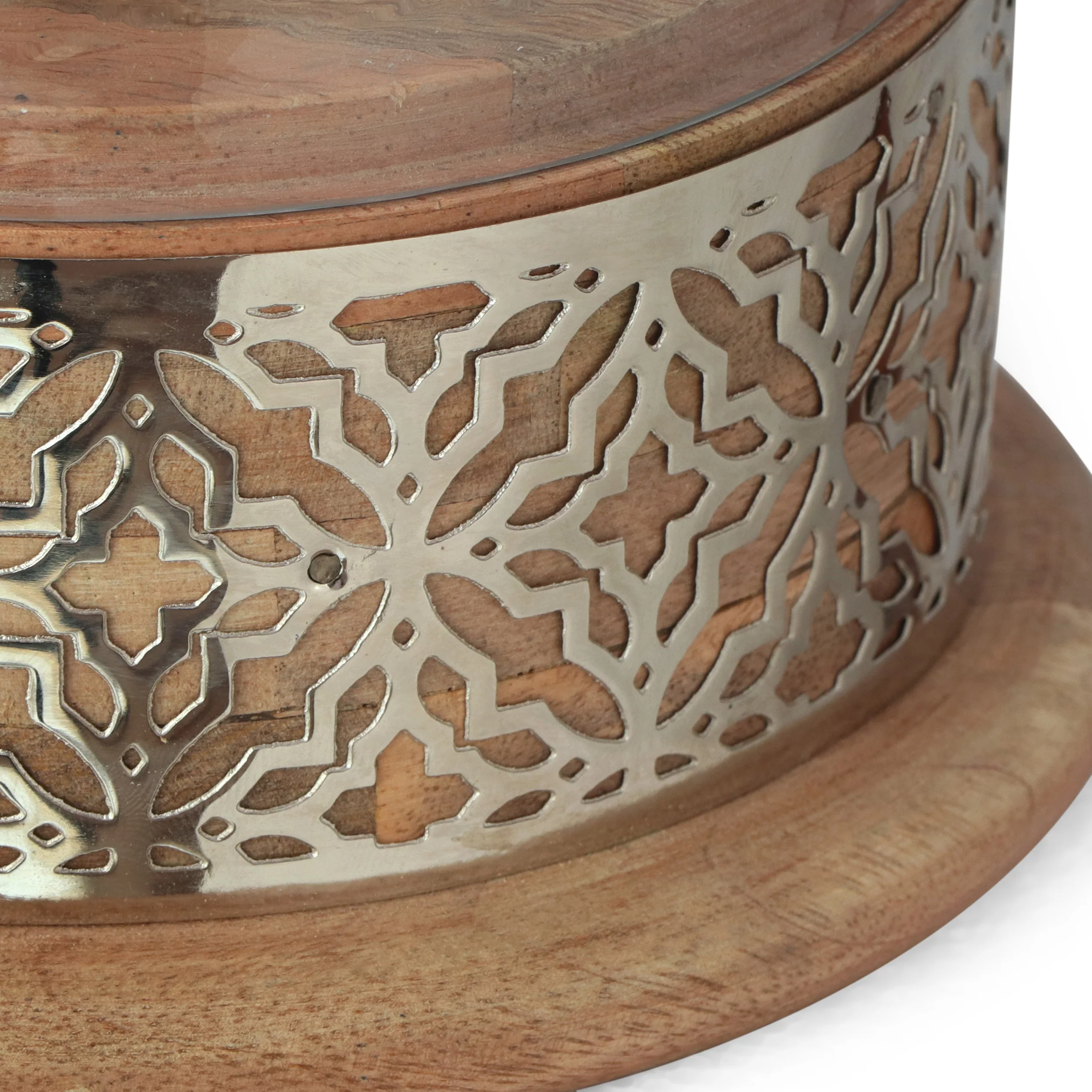 Mondell Boho Handcrafted Mango Wood Hurricane Candle Holder, Natural and Nickel - furnishings