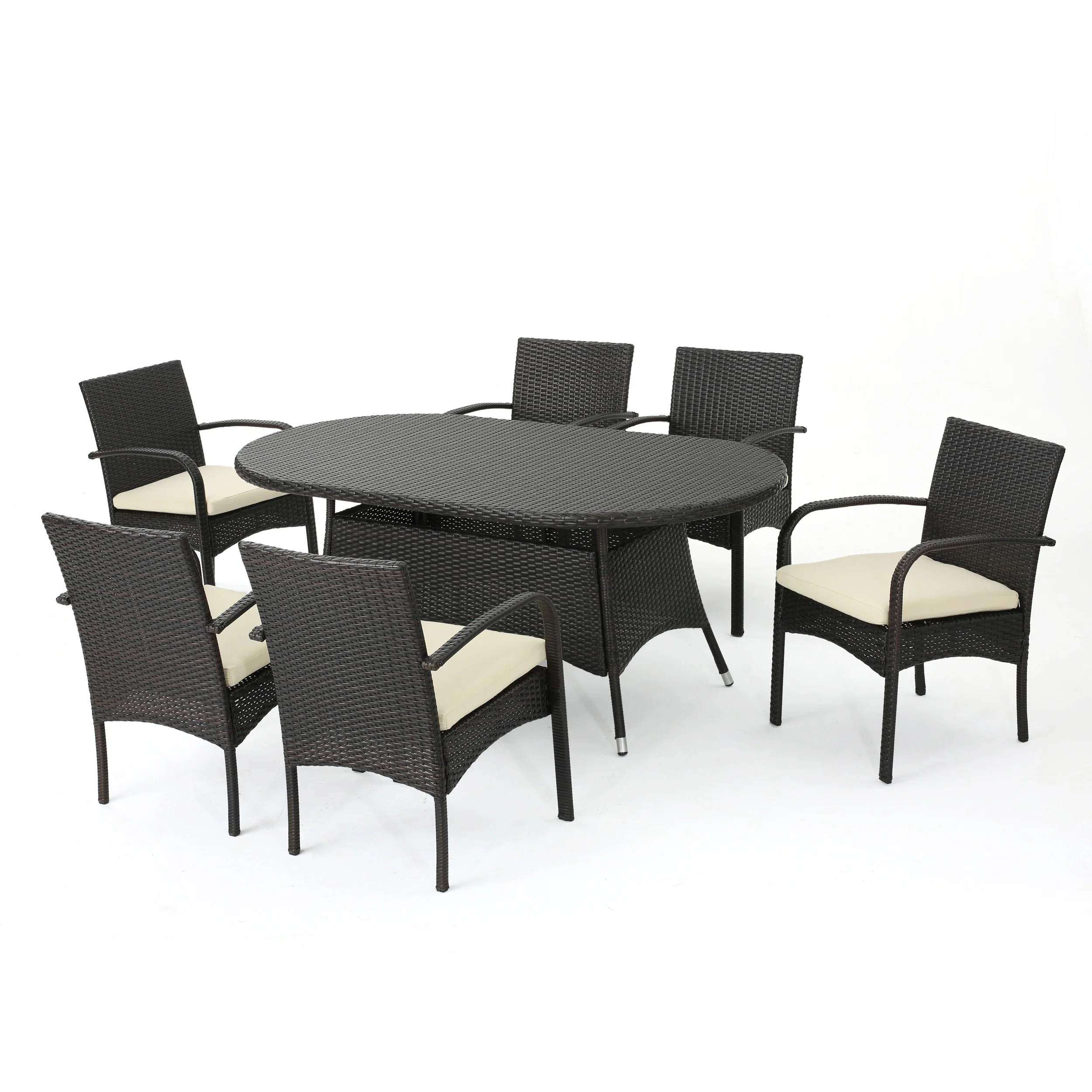 Carmela Outdoor 7pc Multibrown PE Wicker Long Dining Set - furnishings
