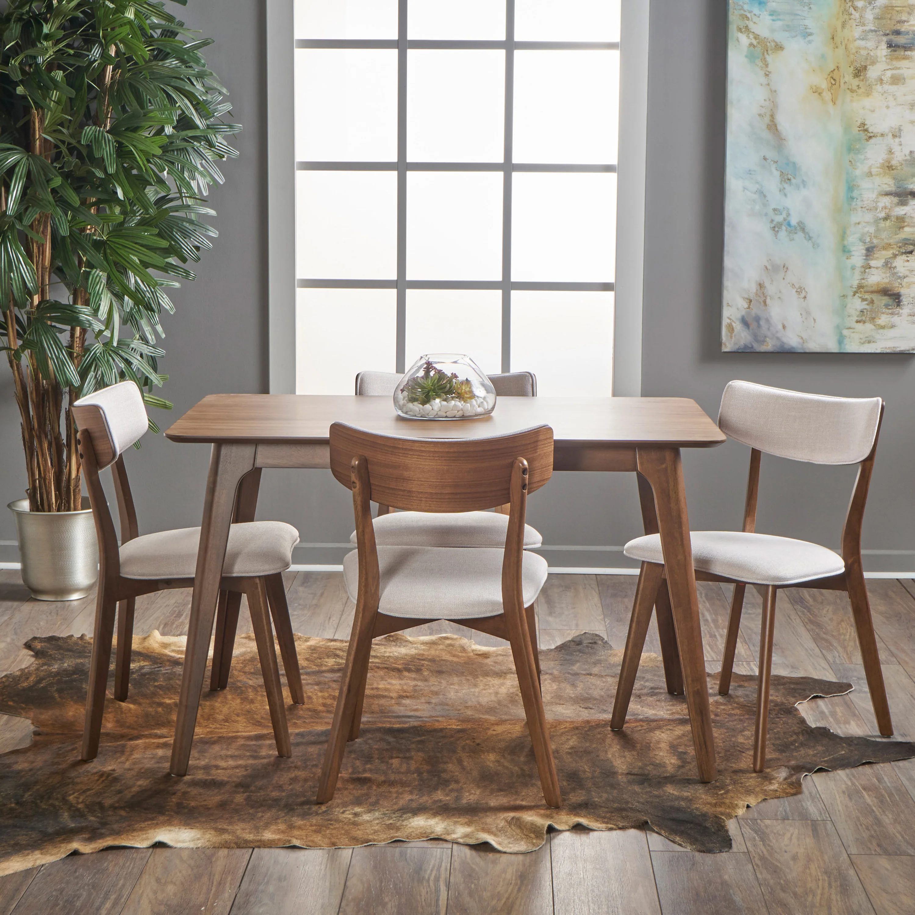 Meanda Mid Century Finished 5 Piece Wood Dining Set with Fabric Chairs - furnishings