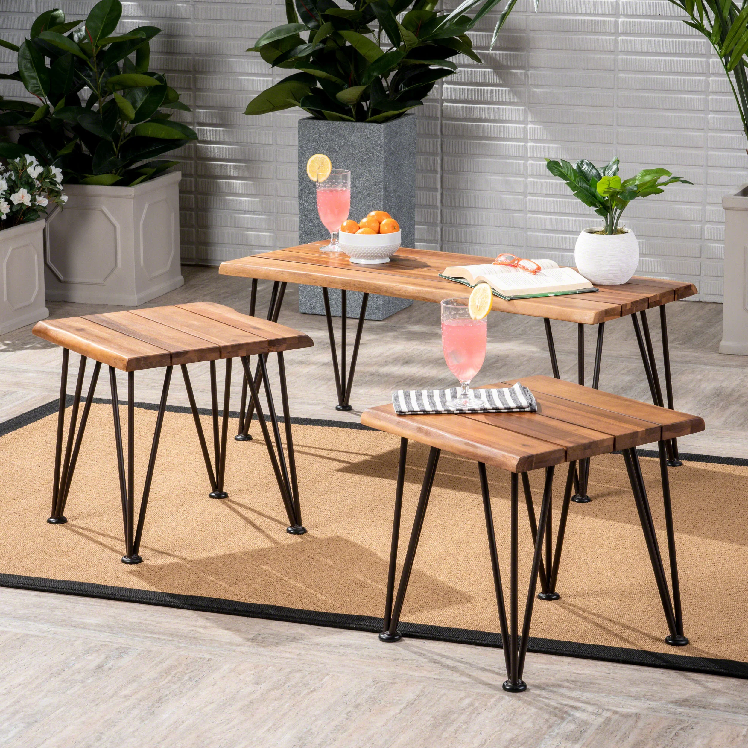 Avy Outdoor Rustic Industrial Acacia Wood Coffee Table and Accent Table Set with Metal Hairpin Legs, Teak - furnishings