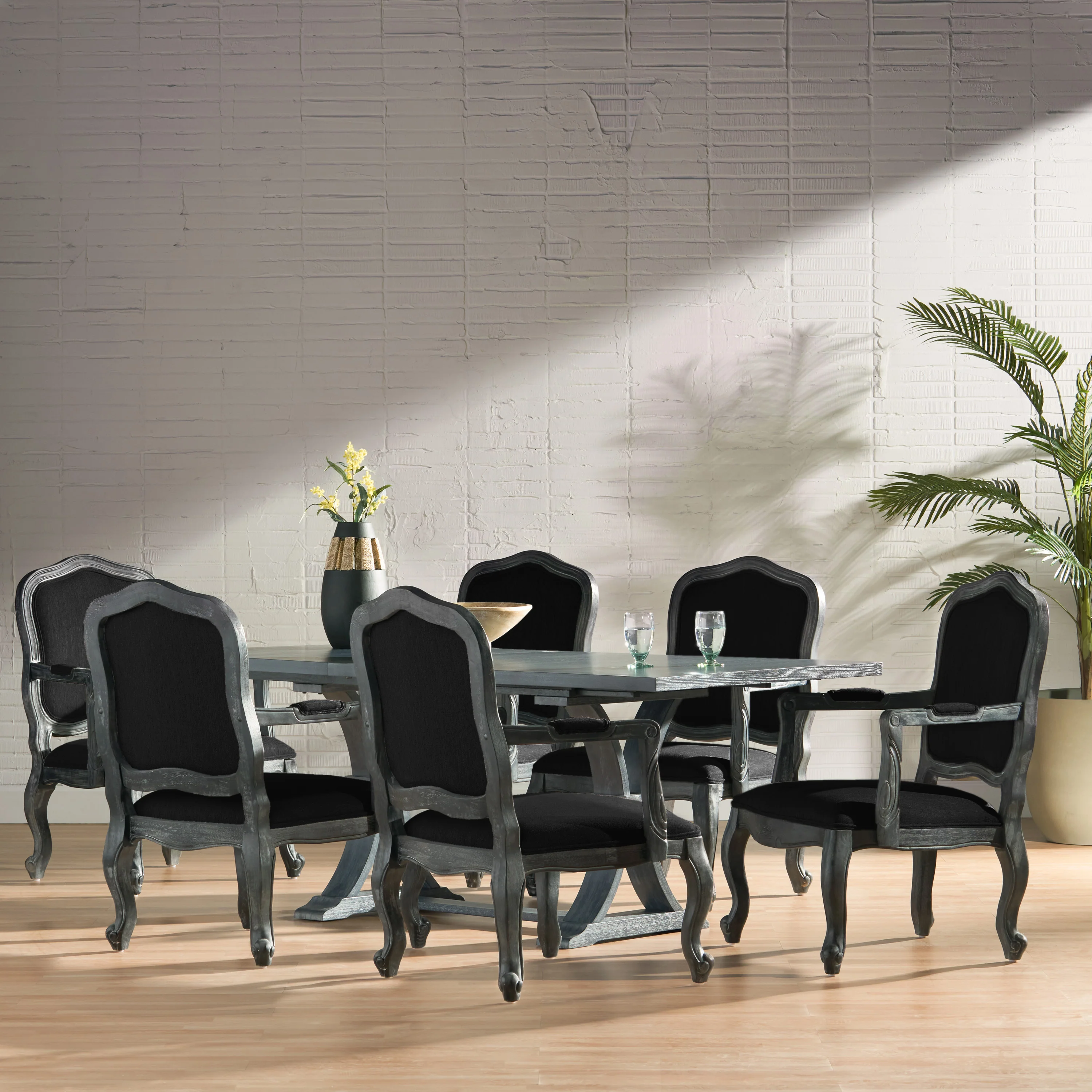 Maria French Country Fabric Upholstered Wood 7 Piece Expandable Dining Set - furnishings