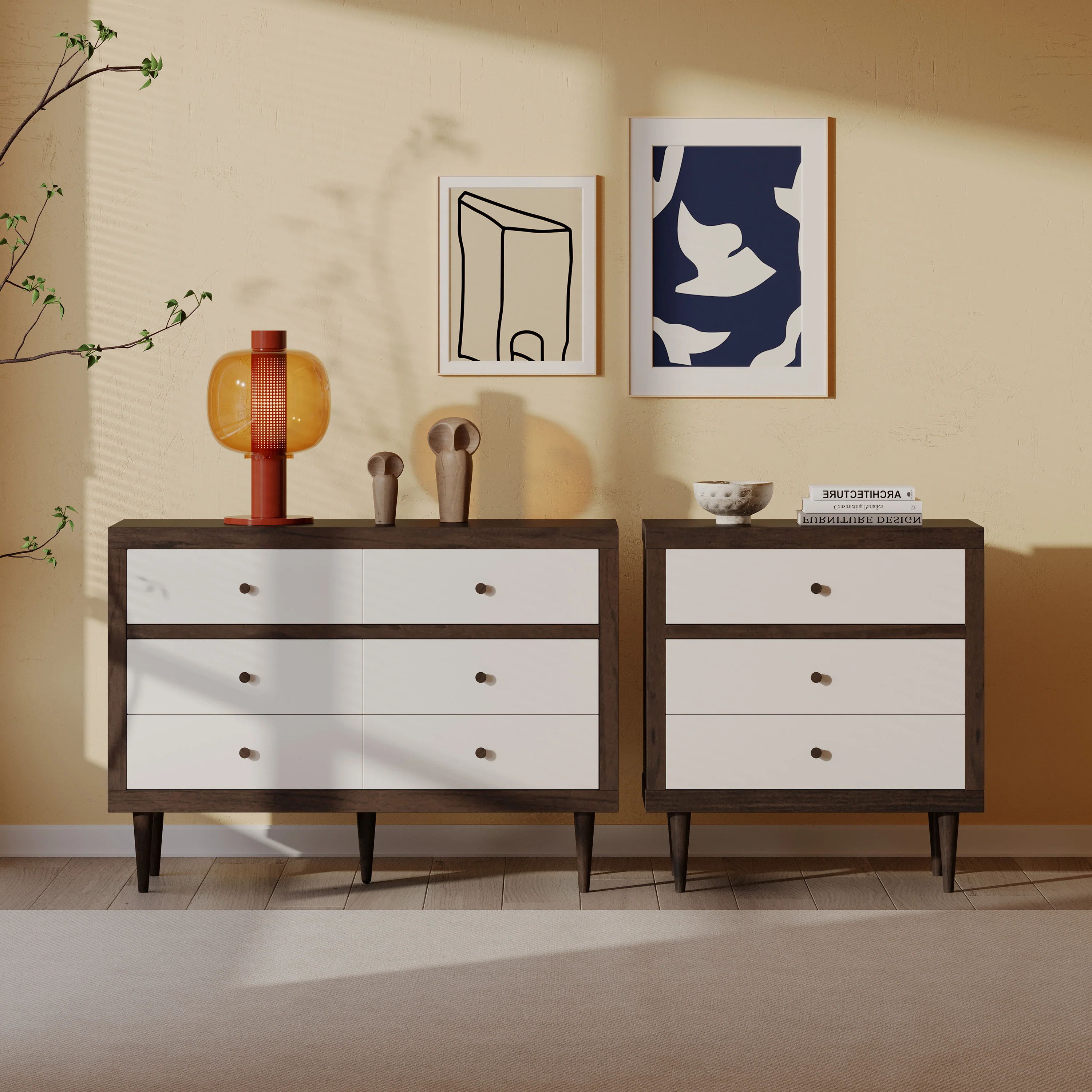 Farhart Mid Century Modern 2 Piece Double Dresser and 3 Drawer Chest Bedroom Set - furnishings
