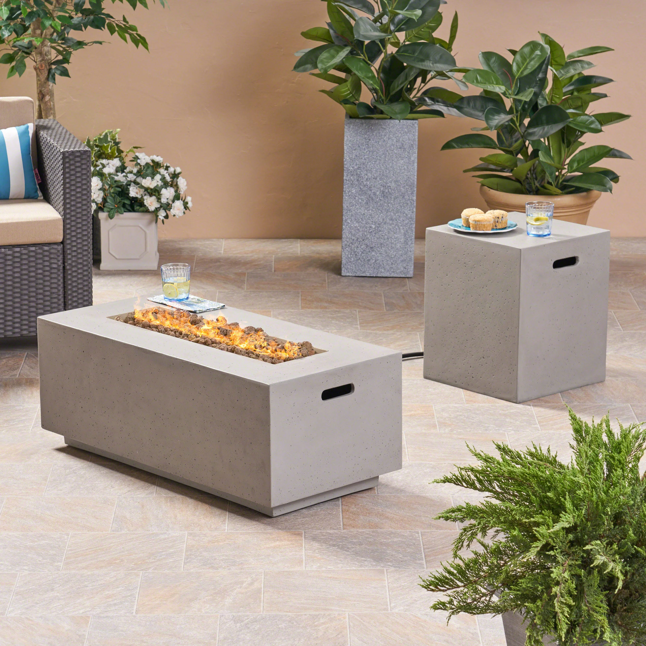 Leo Outdoor 40-inch Rectangular Light Weight Concrete Gas Burning Fire Pit - furnishings