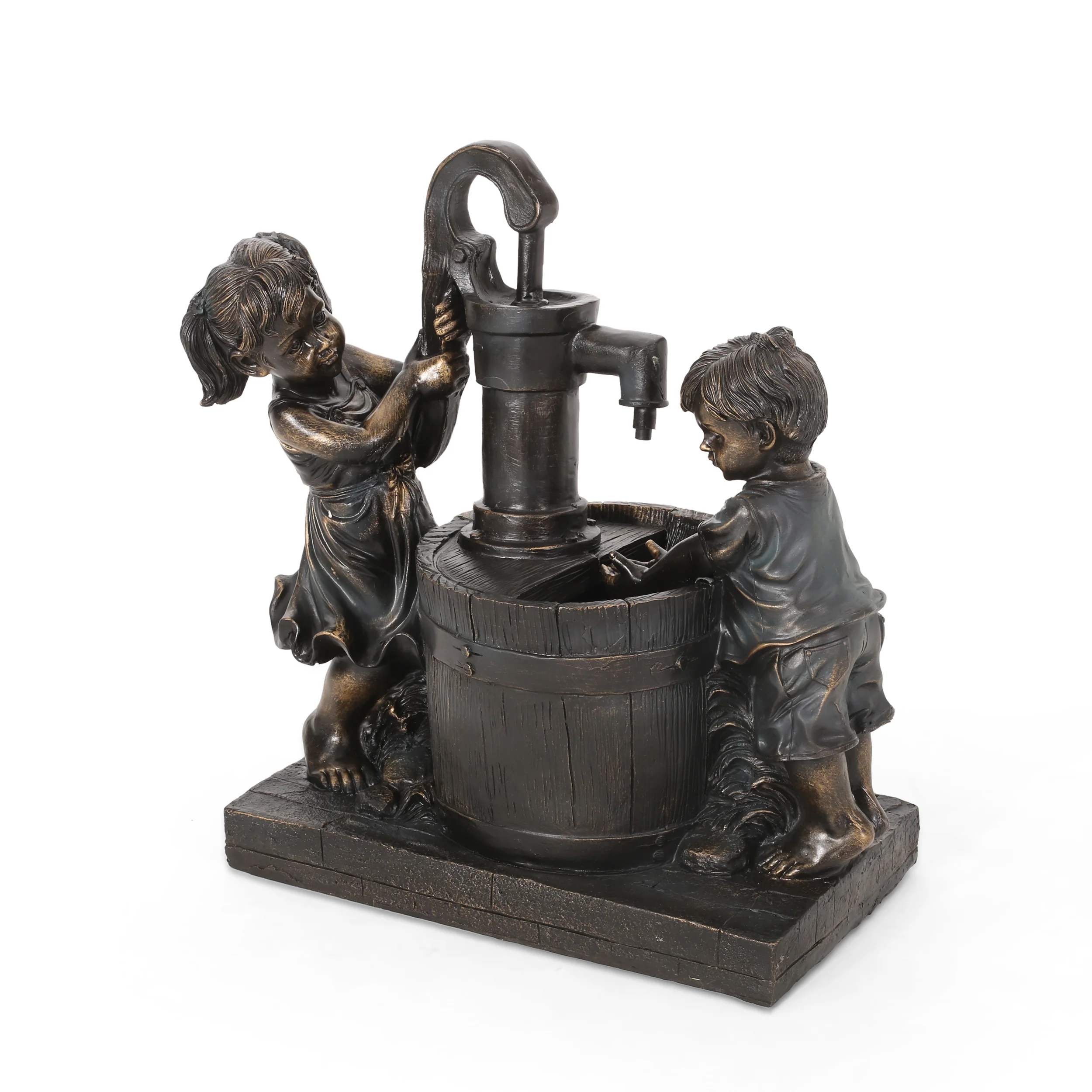 Rayle Outdoor Children at Water Pump Fountain, Dark Brown - furnishings