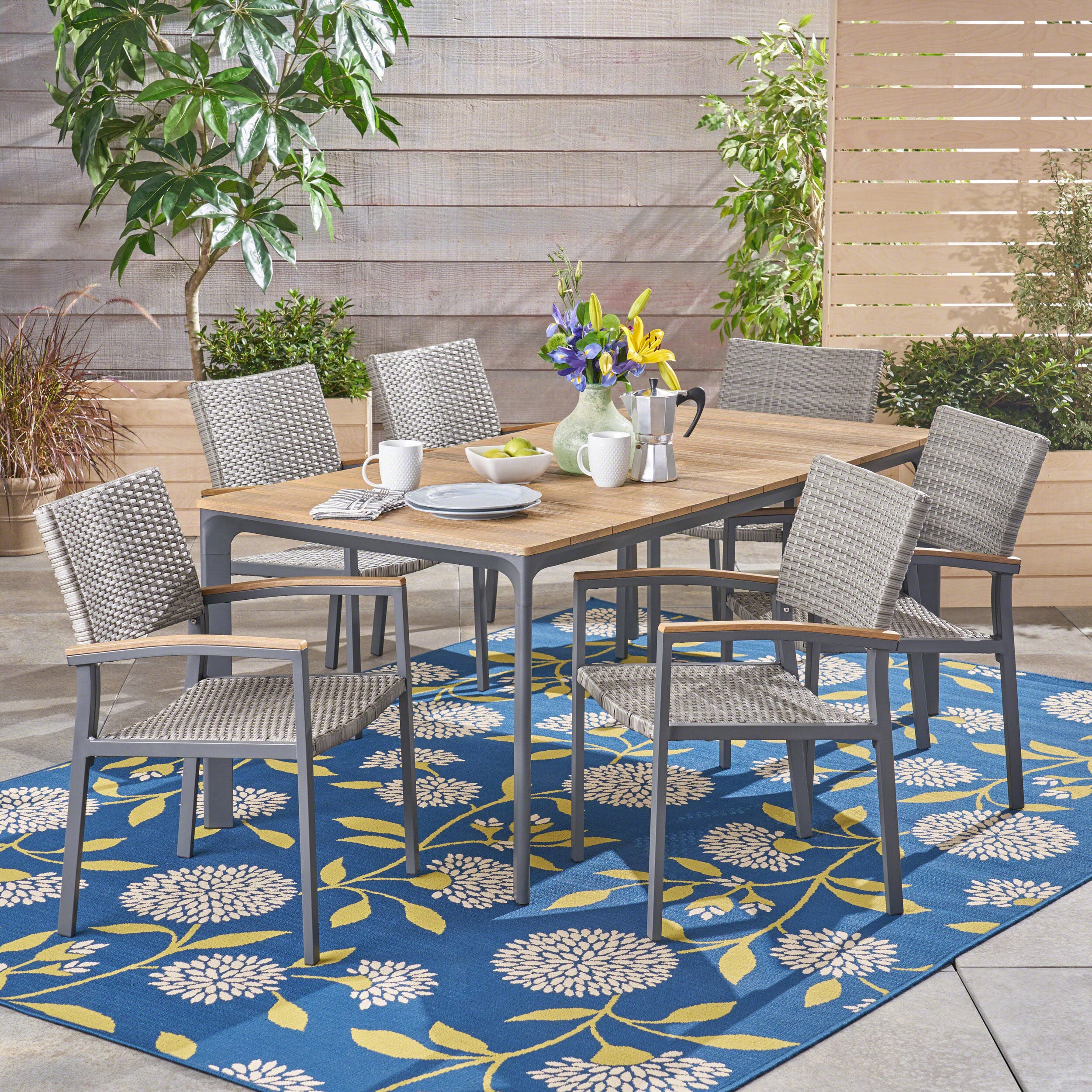 Huxley Outdoor Aluminum 7 Piece Dining Set with Wood Tabletop - furnishings