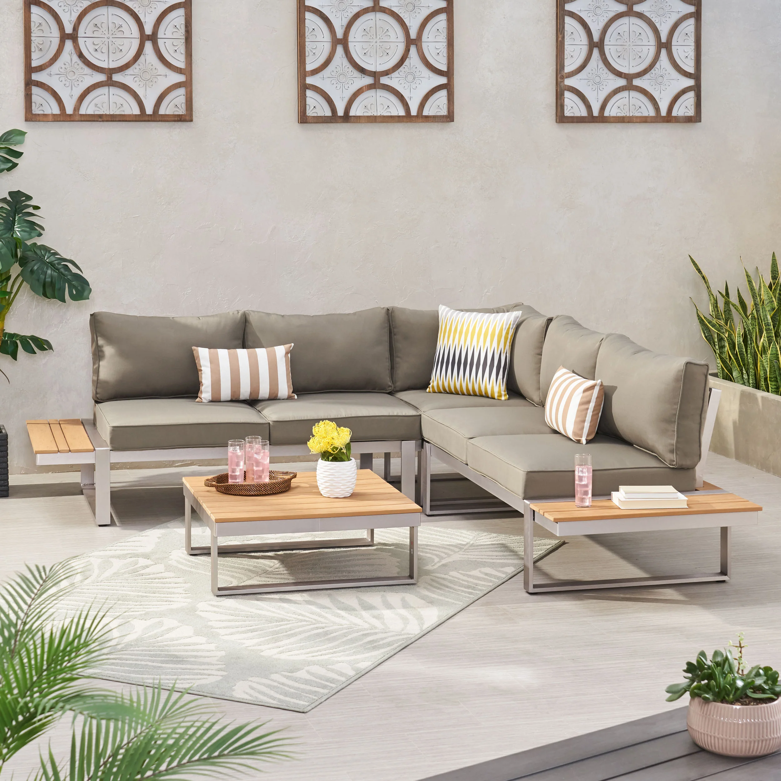 Johana Outdoor Aluminum V-Shaped 5 Seater Sofa Set with Cushions - furnishings
