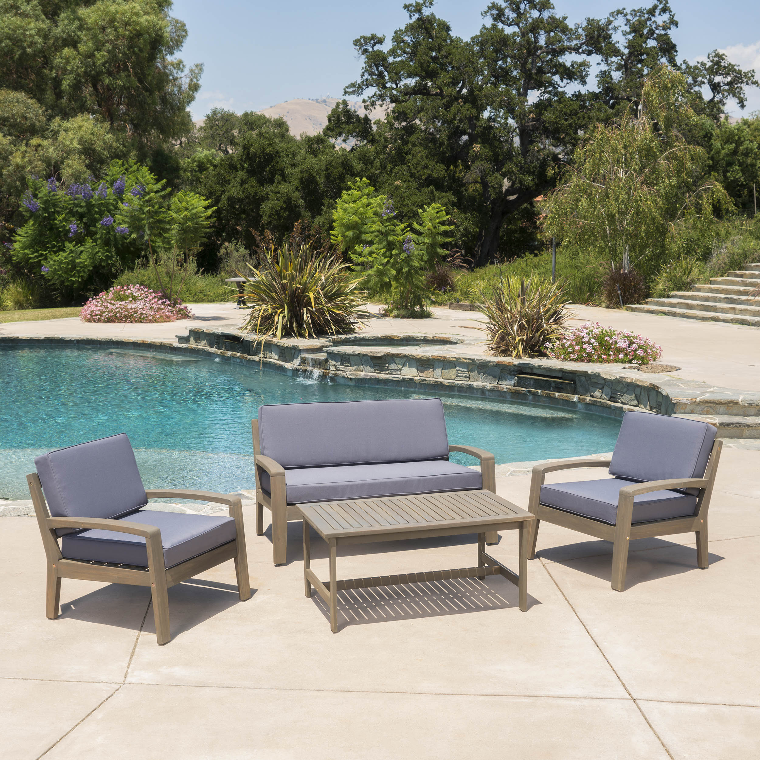Grenada Outdoor Acacia Wood 4 Piece Chat Set w/ Water Resistant Cushions - furnishings