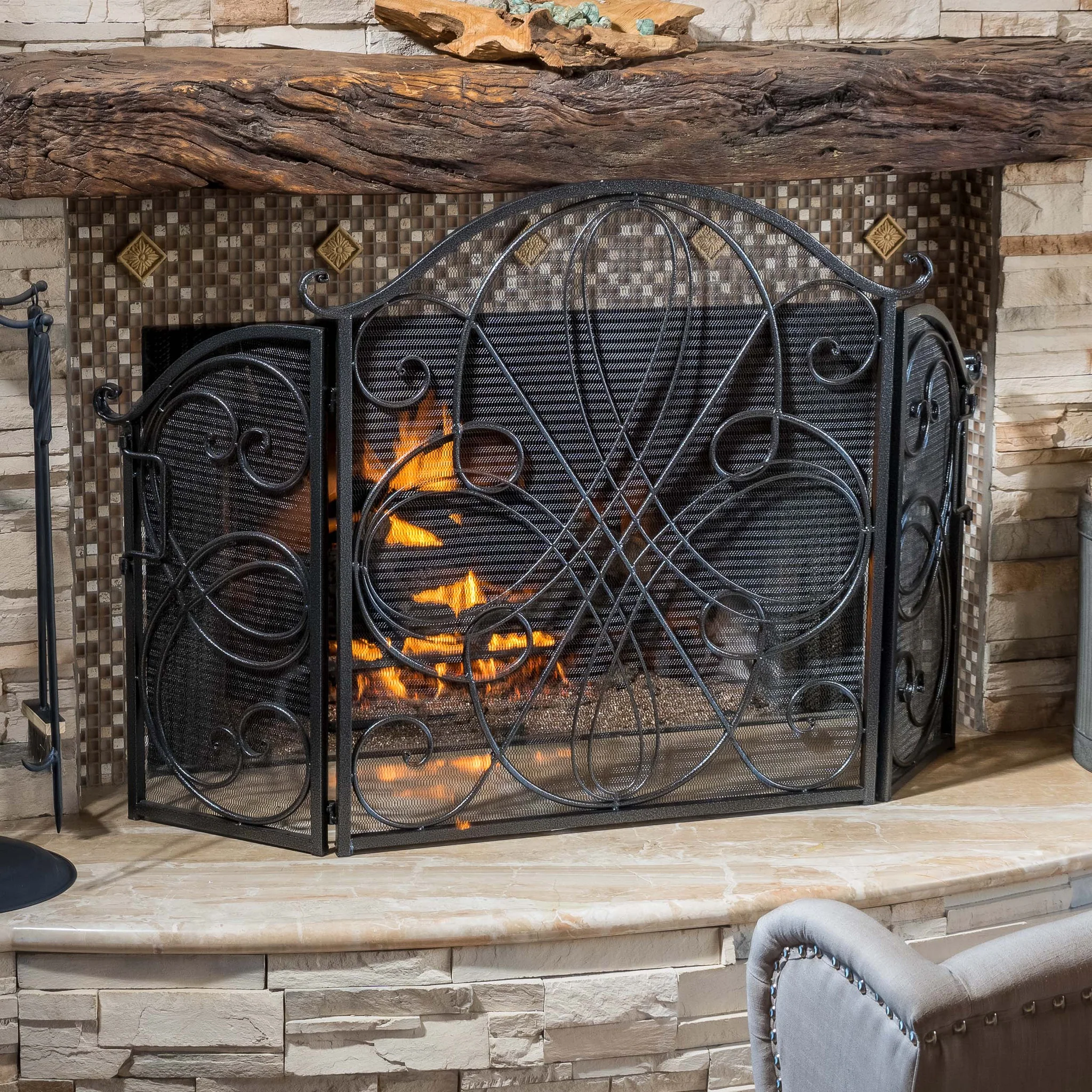 Rosalinda Black Silver Finish Floral Iron Fireplace Screen - furnishings