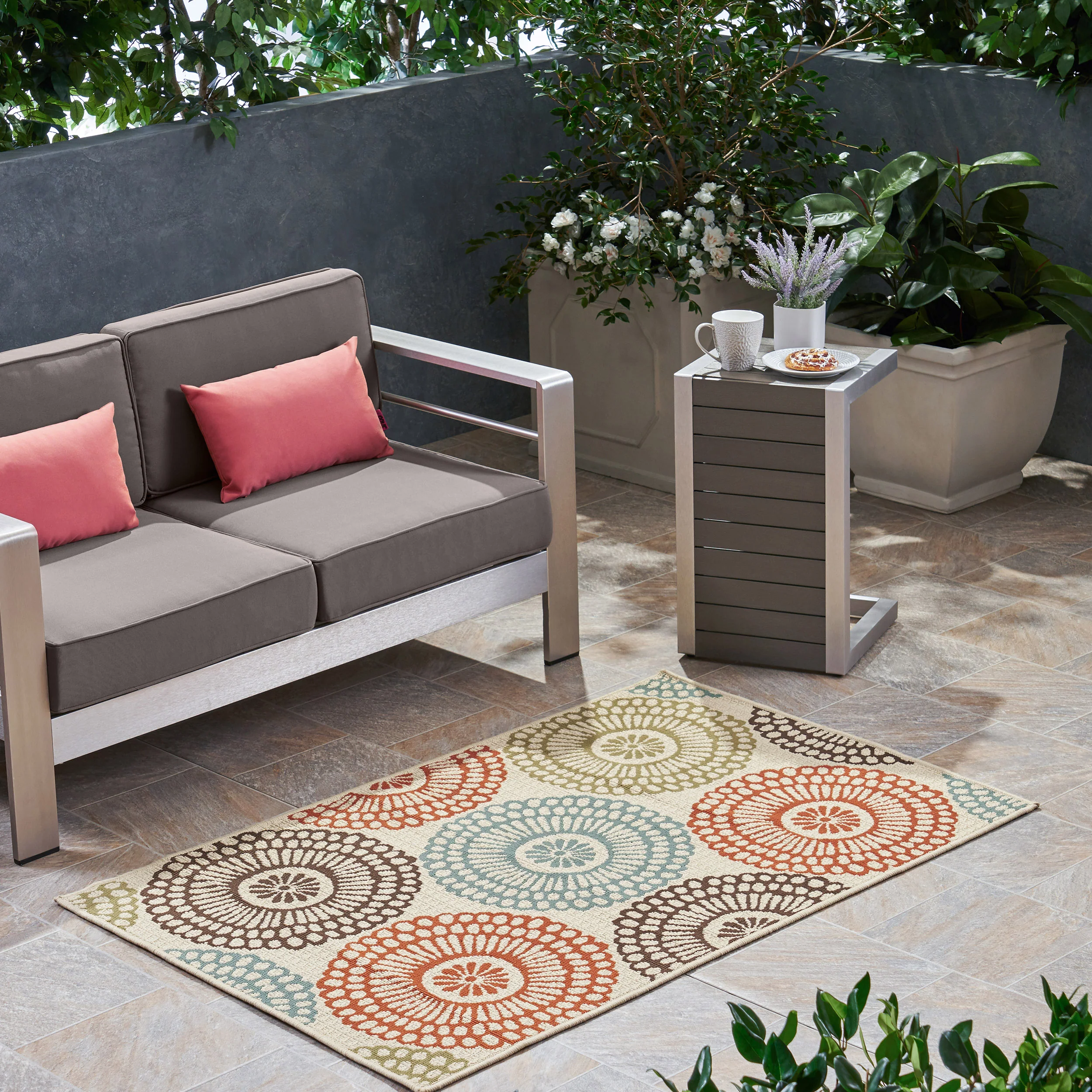 Pine Indoor/Outdoor Floral Area Rug, Beige and Multicolored - furnishings