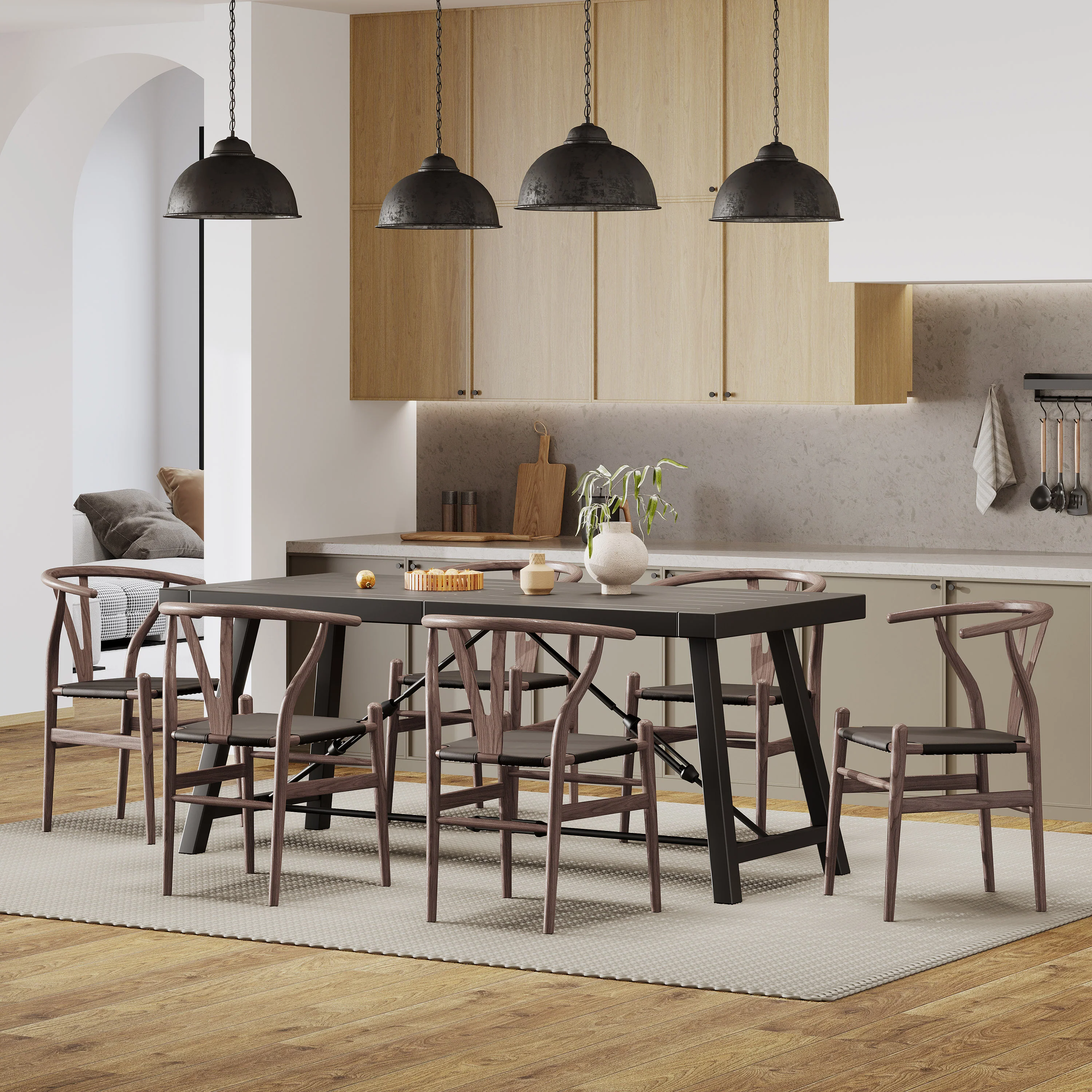 Aubrie Contemporary Iron and Wood 7 Piece Dining Table, Black and Antique Natural - furnishings