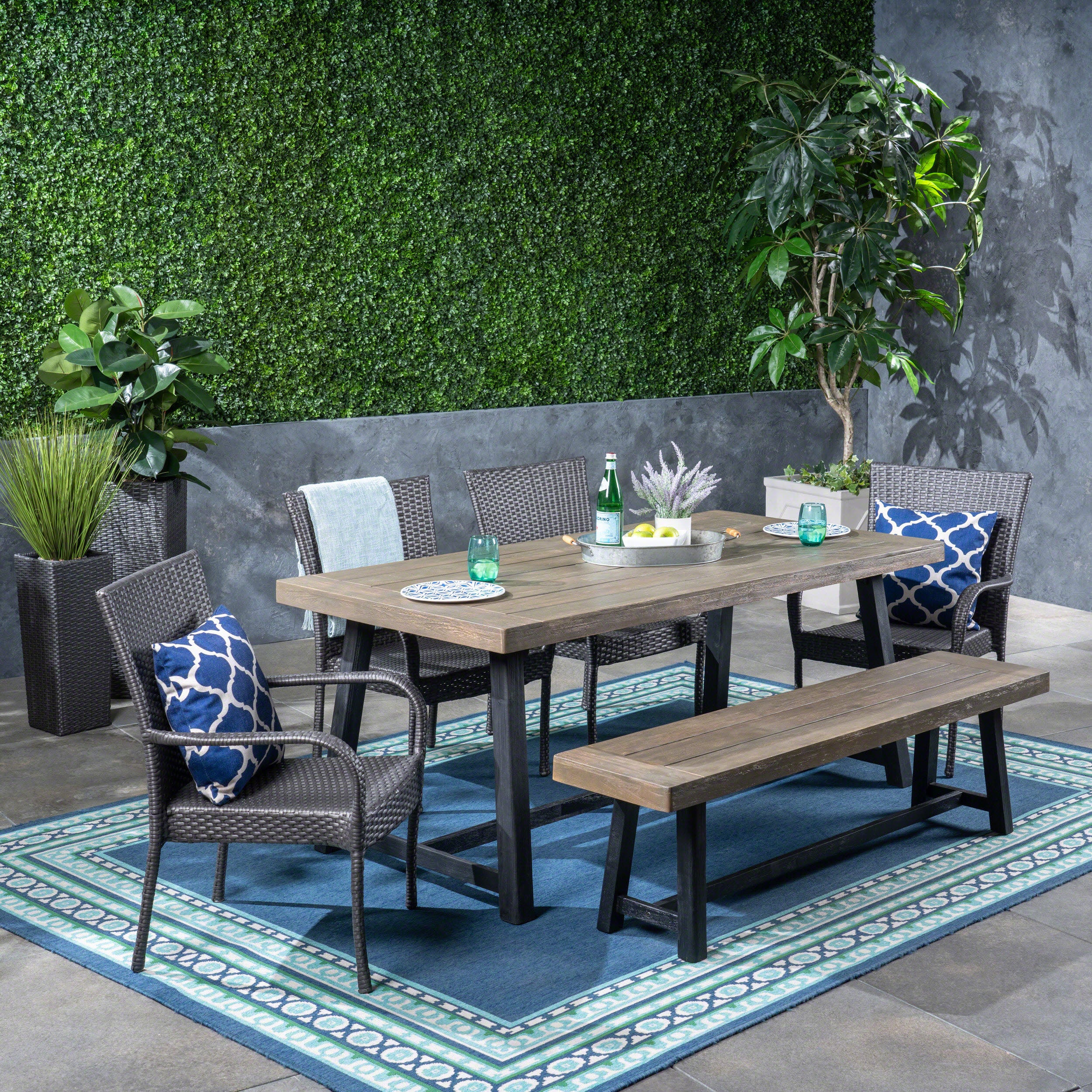 Jack Outdoor 6 Piece Dining Set with Stacking Wicker Chairs and Bench - furnishings