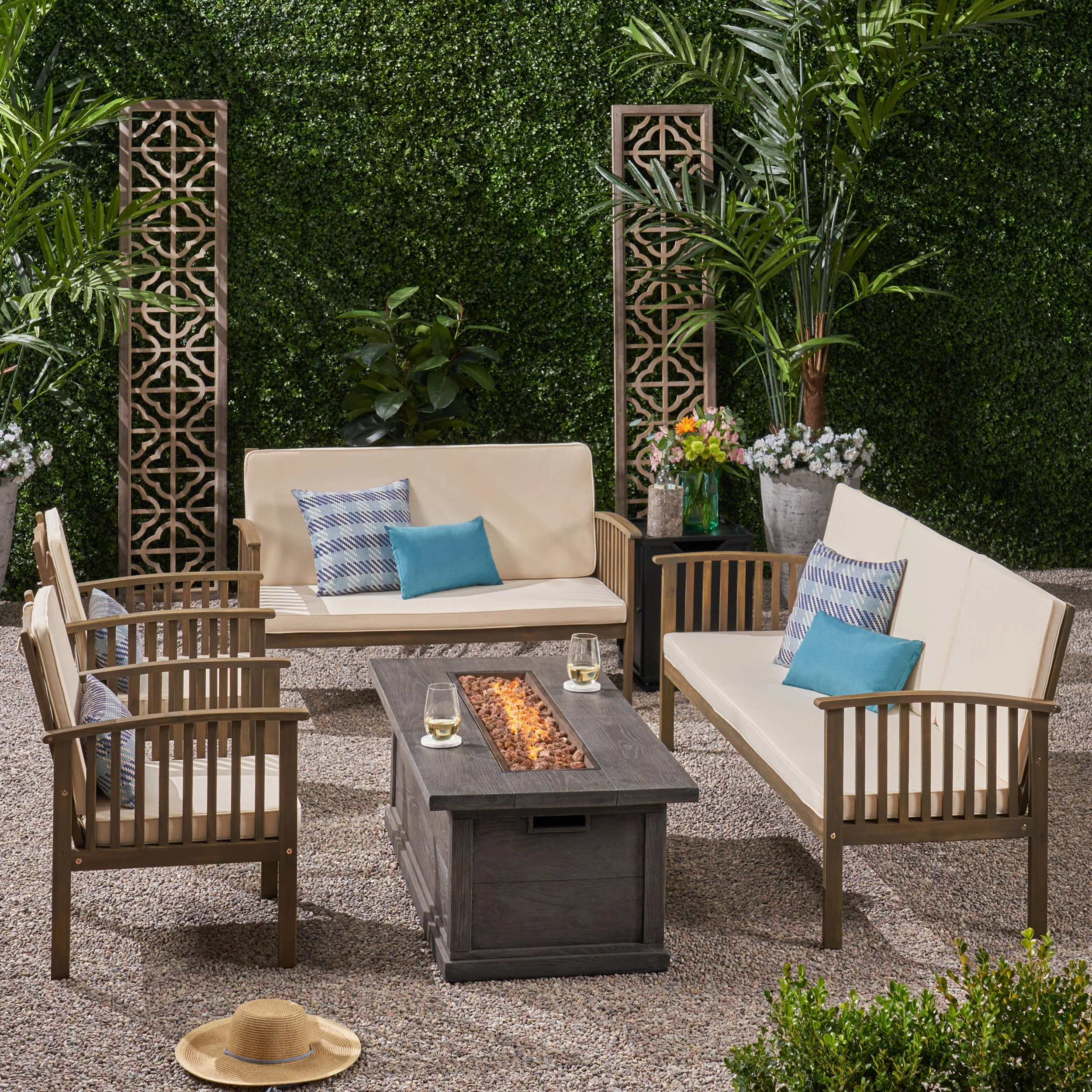 Jean Outdoor 6 Piece Acacia Wood Sofa and Loveseat Conversational Set with Fire Pit - furnishings