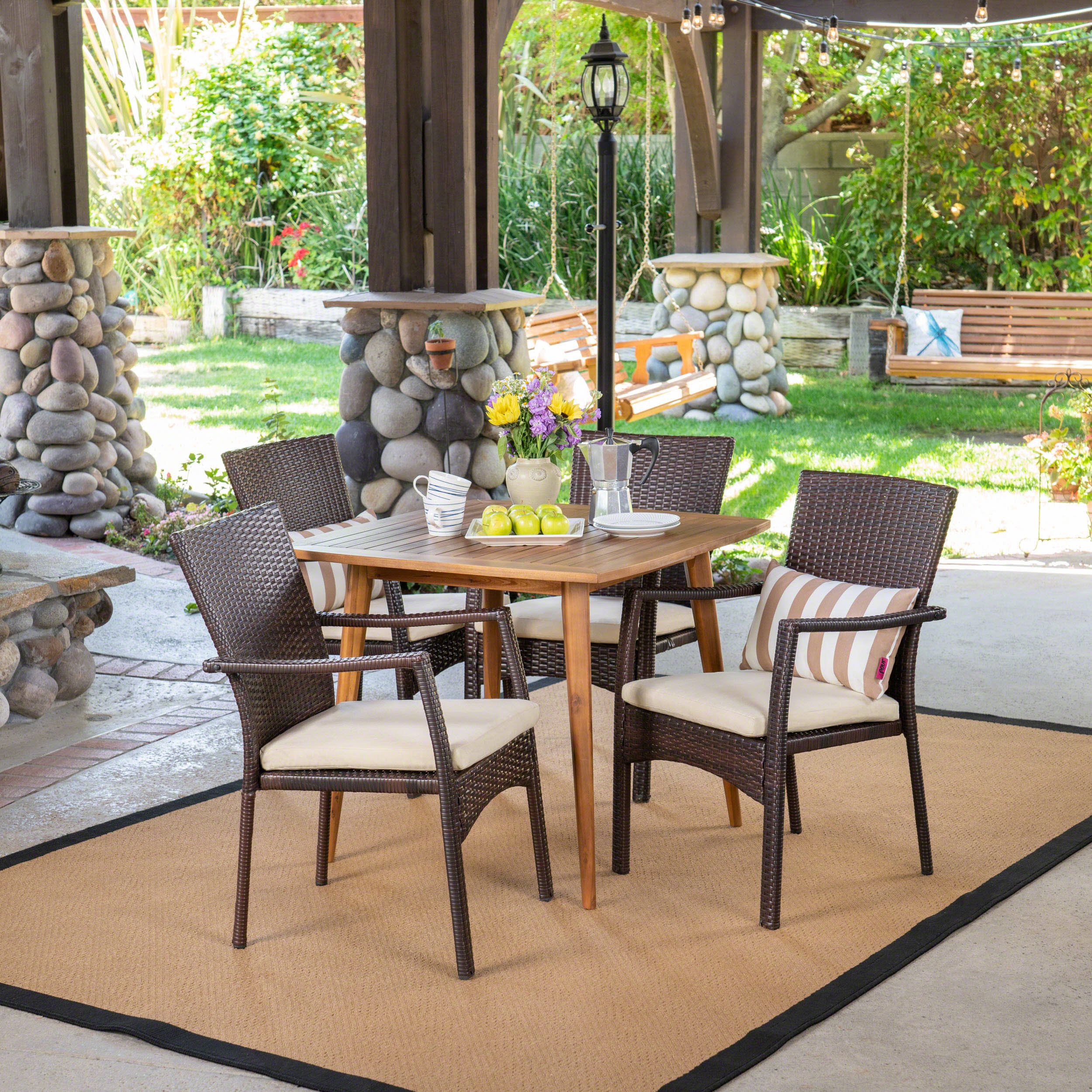 Leah Outdoor Coastal 5 Piece Wicker Dining Set with Slat-Top Acacia Wood Table - furnishings