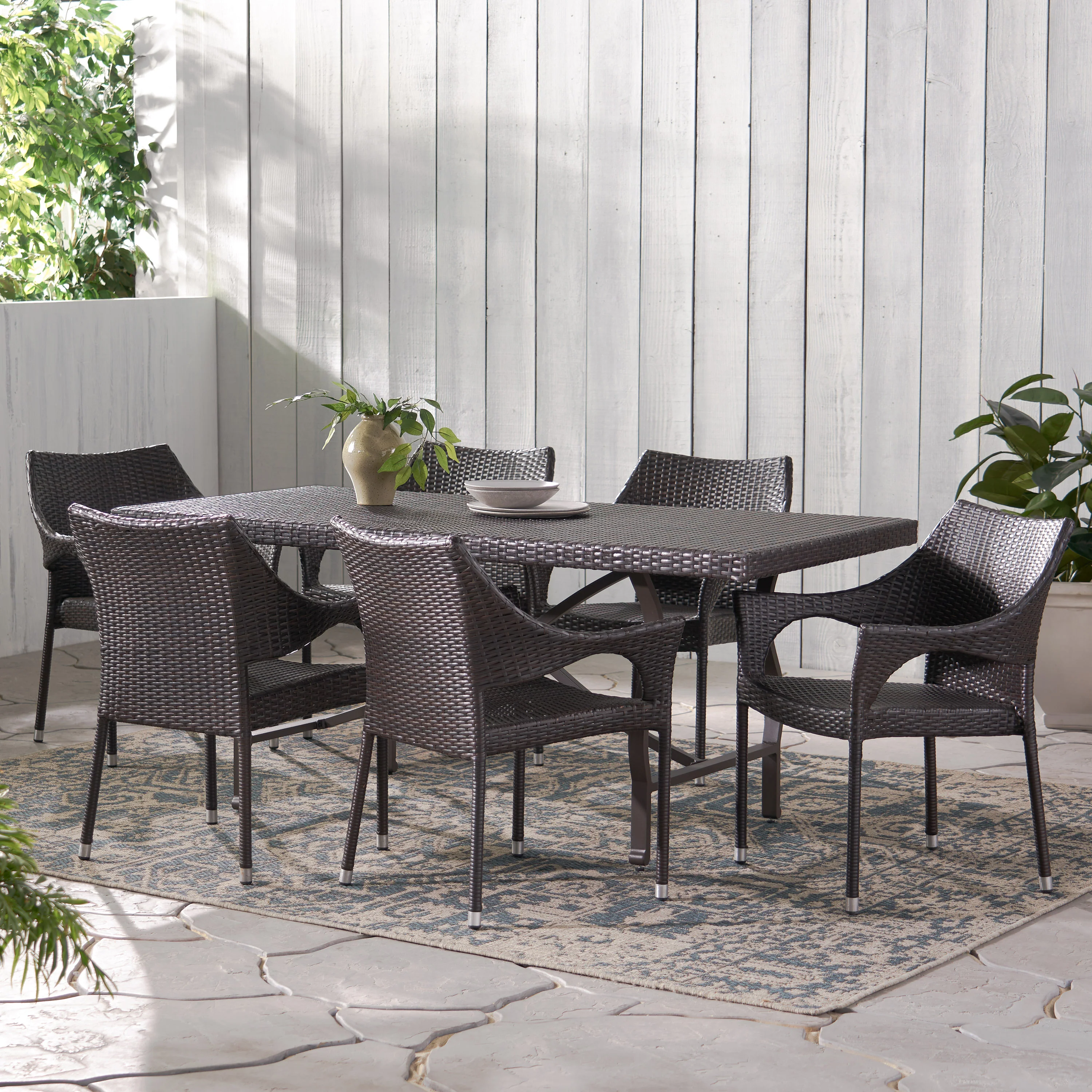 Weyland Outdoor 7 Piece Multi-brown Wicker Dining Set - furnishings
