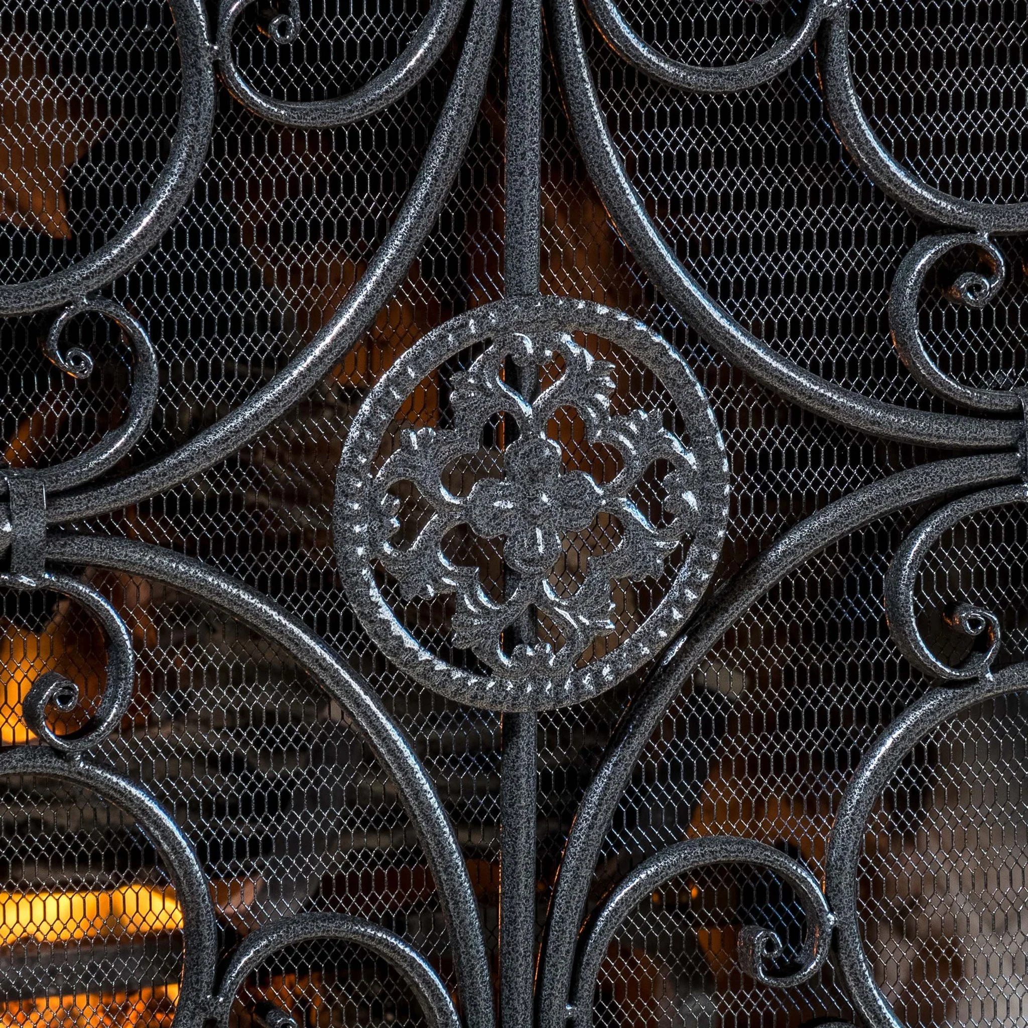Darcie Black Brushed Silver Finish Wrought Iron Fireplace Screen - furnishings