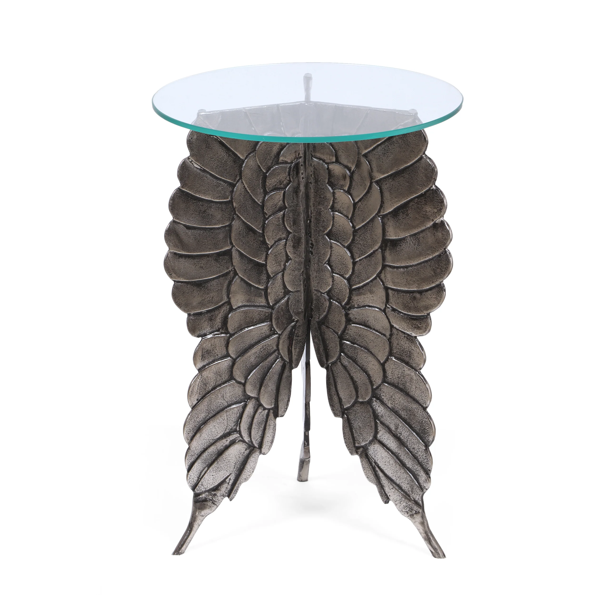 Hardt Boho Glam Handcrafted Aluminum Fairy Wing Accent Table with Glass Top, Antique Nickel - furnishings