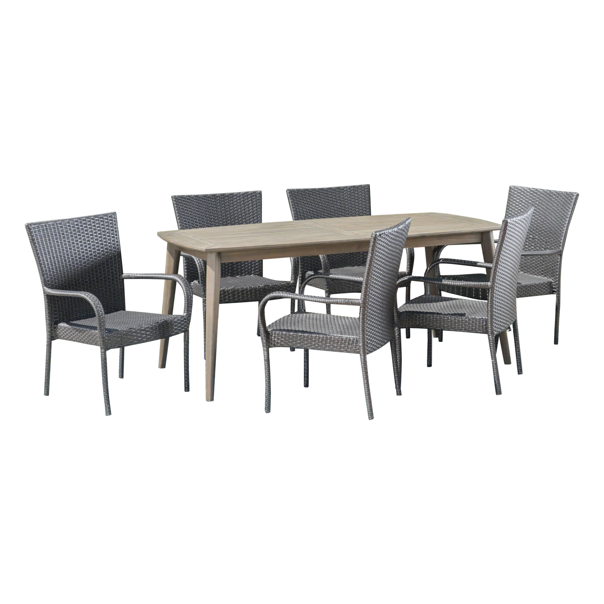 Livio Outdoor 7 Piece Wood and Wicker Dining Set, Gray and Gray - furnishings