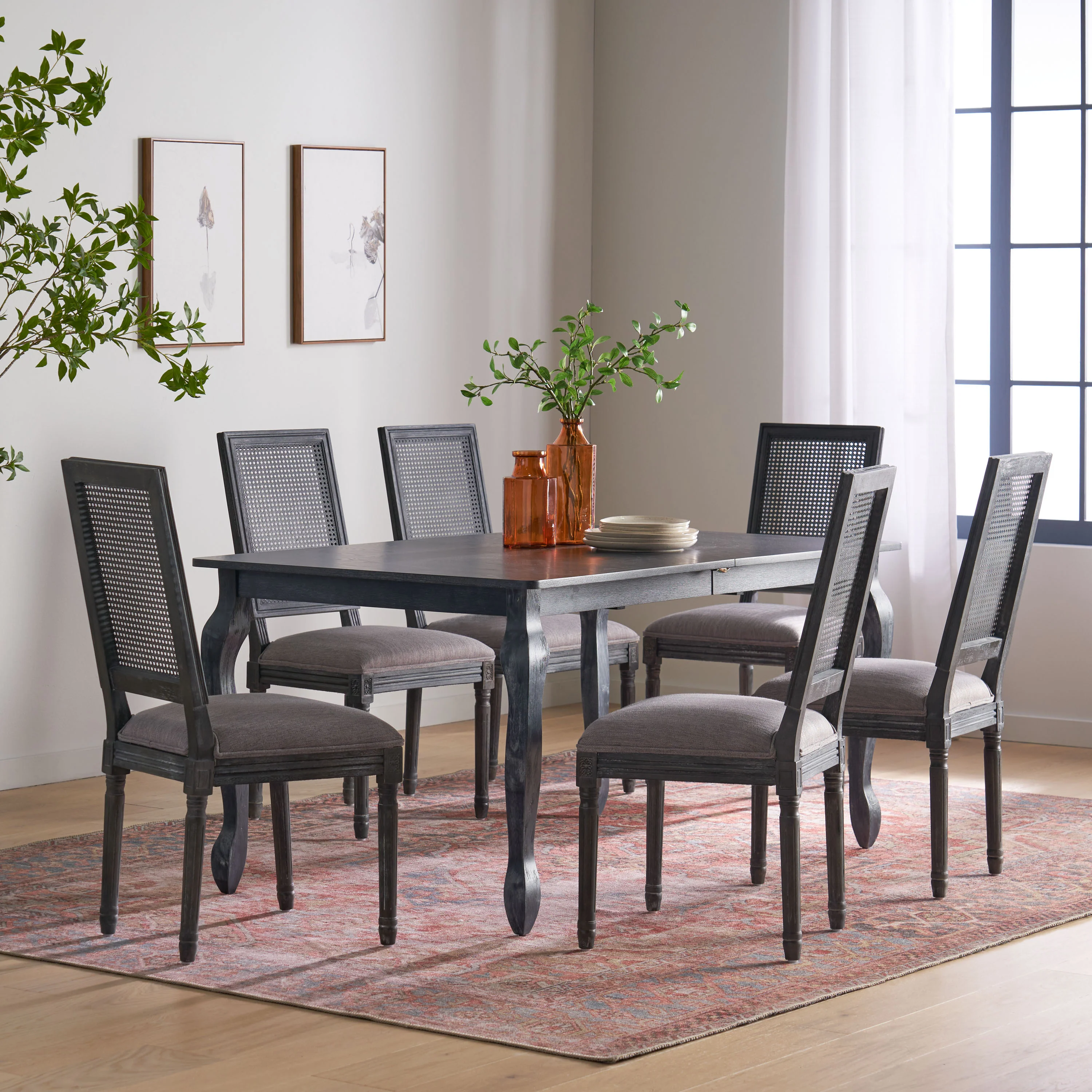 Fernleaf French Country Fabric Upholstered Wood and Cane Expandable 7 Piece Dining Set - furnishings