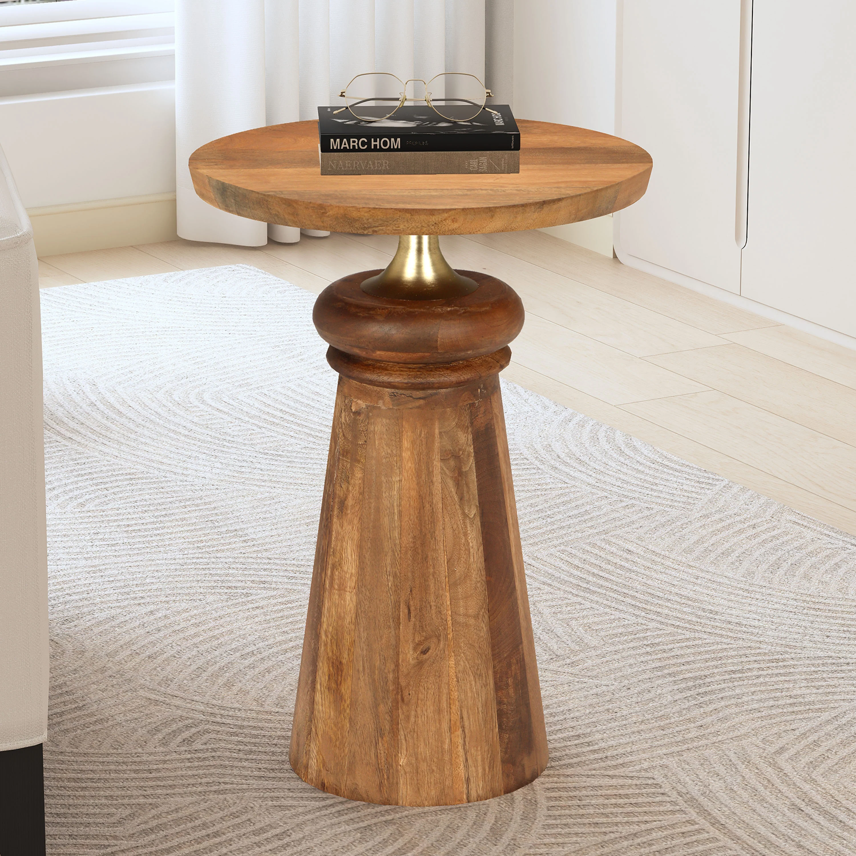 Caelume Round Pedestal Side End Table, Gold + Natural - furnishings