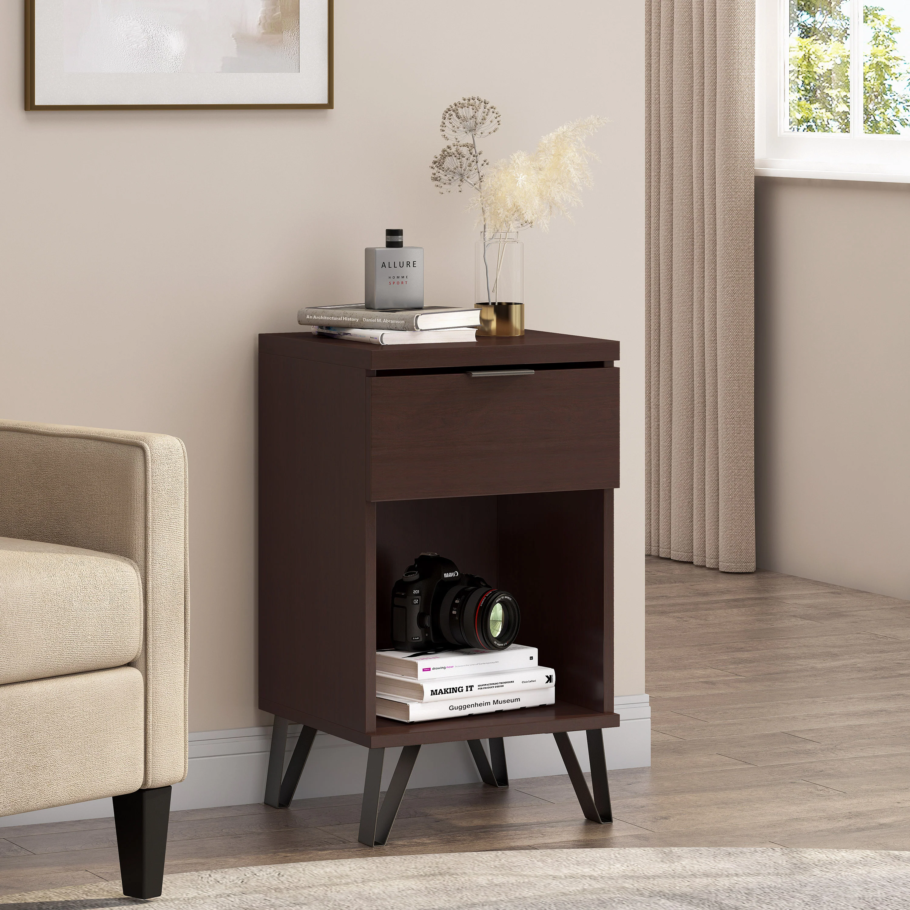 Demijen Modern Industrial Tall Nightstand with Drawer, Walnut and Matte Black - furnishings