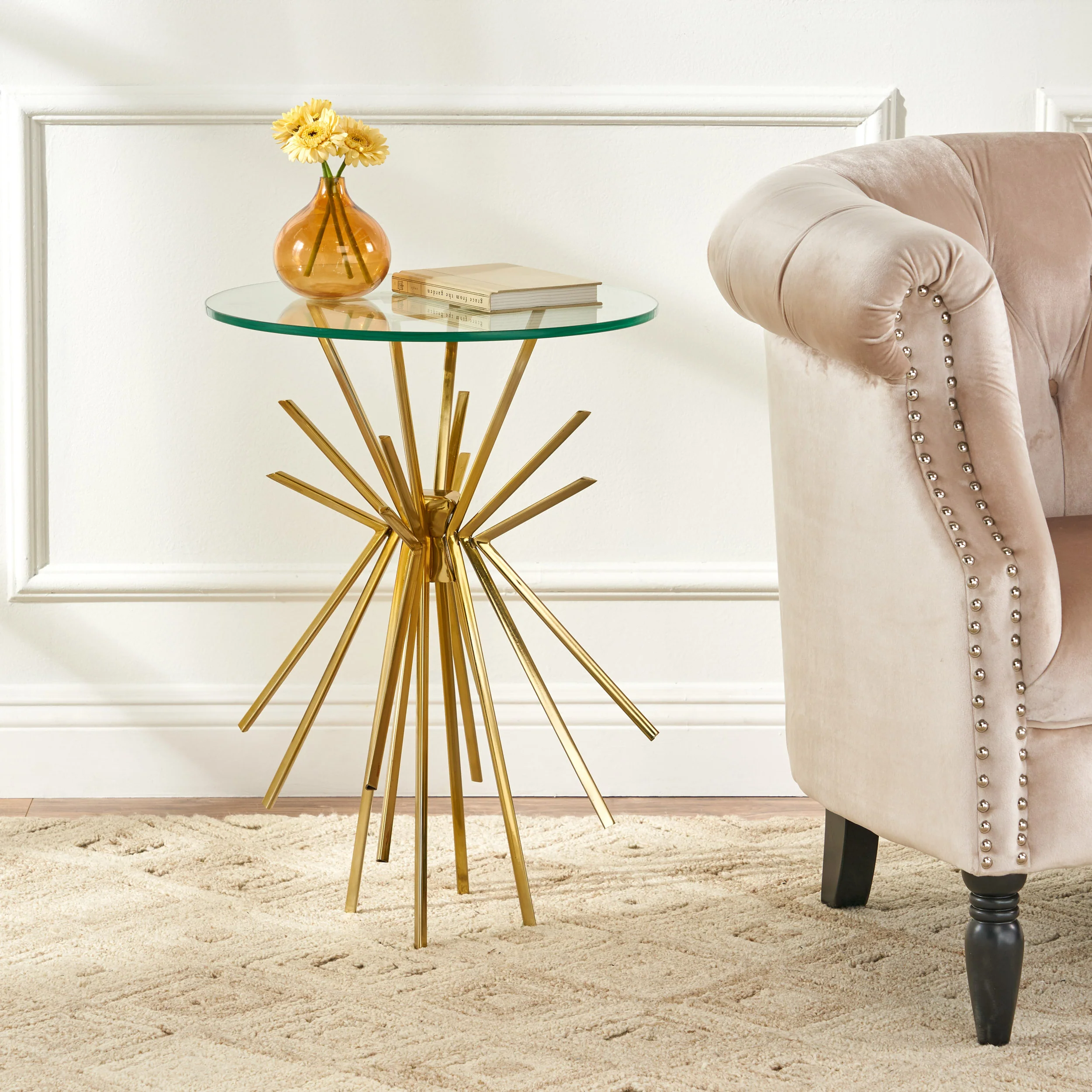 Martha Modern Glam Sunburst Accent Table with Tempered Glass Top - furnishings