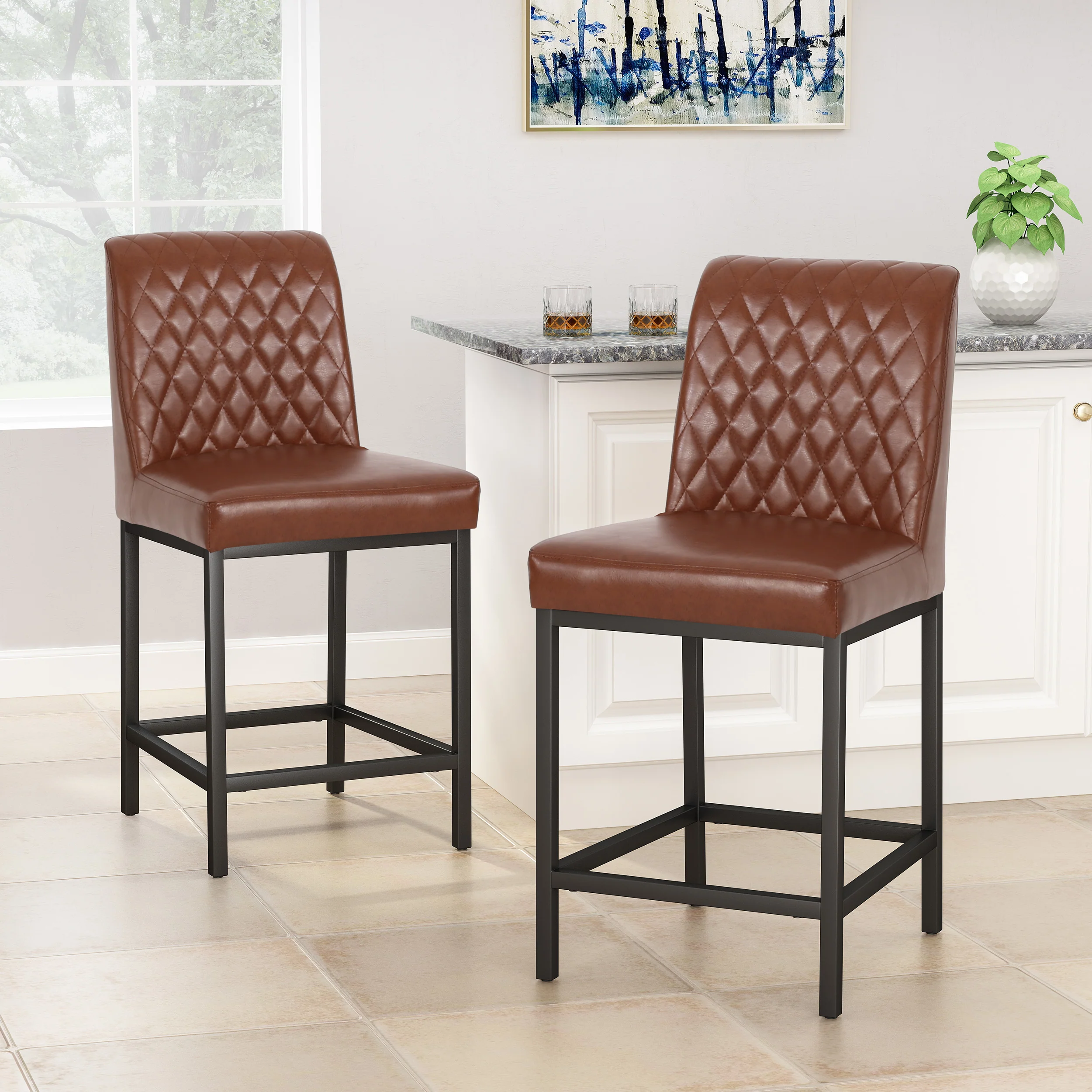 Lansing Contemporary Diamond Stitch Counter Stools, Set of 2 - furnishings
