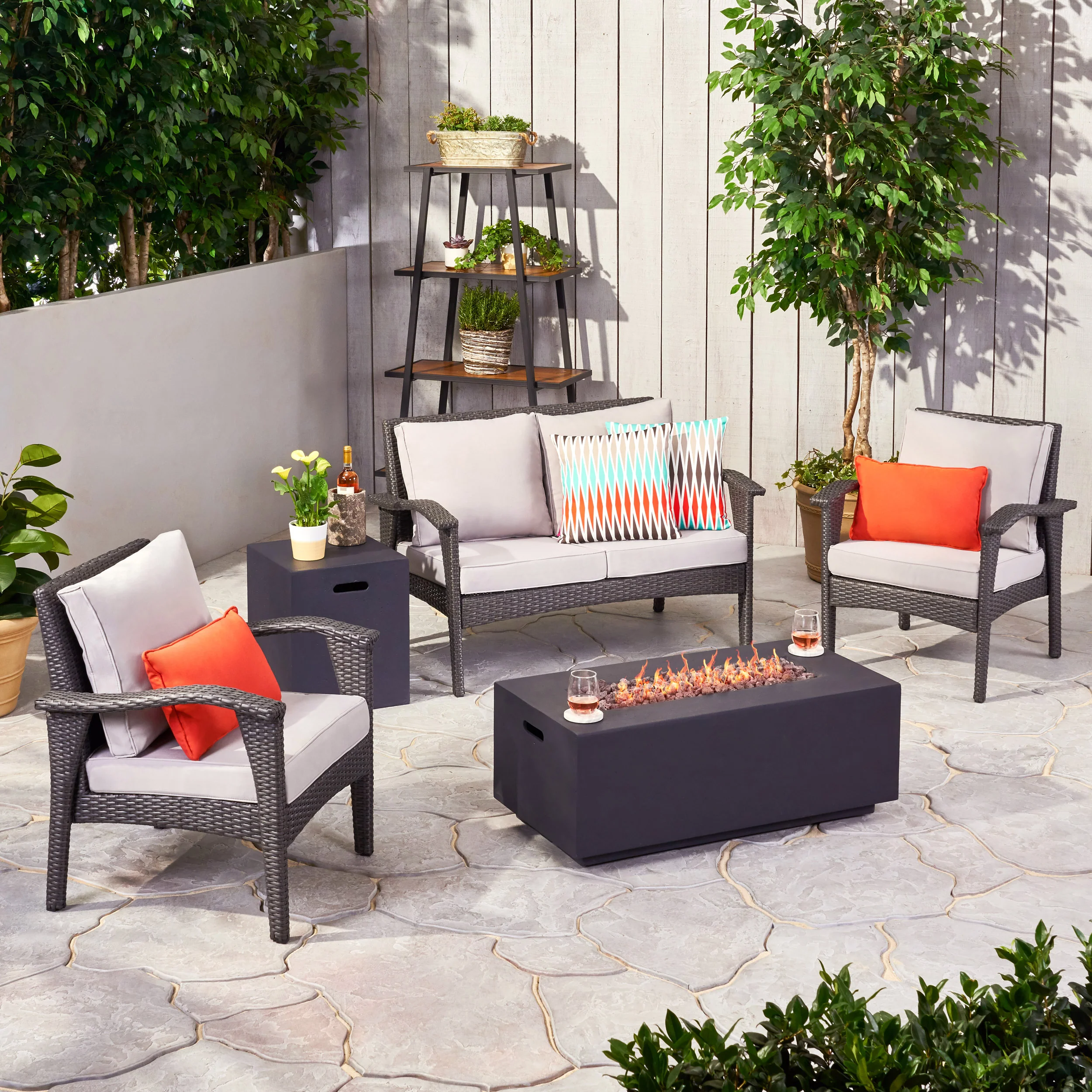 Mckynzie Outdoor 4 Seater Wicker Chat Set with Fire Pit - furnishings