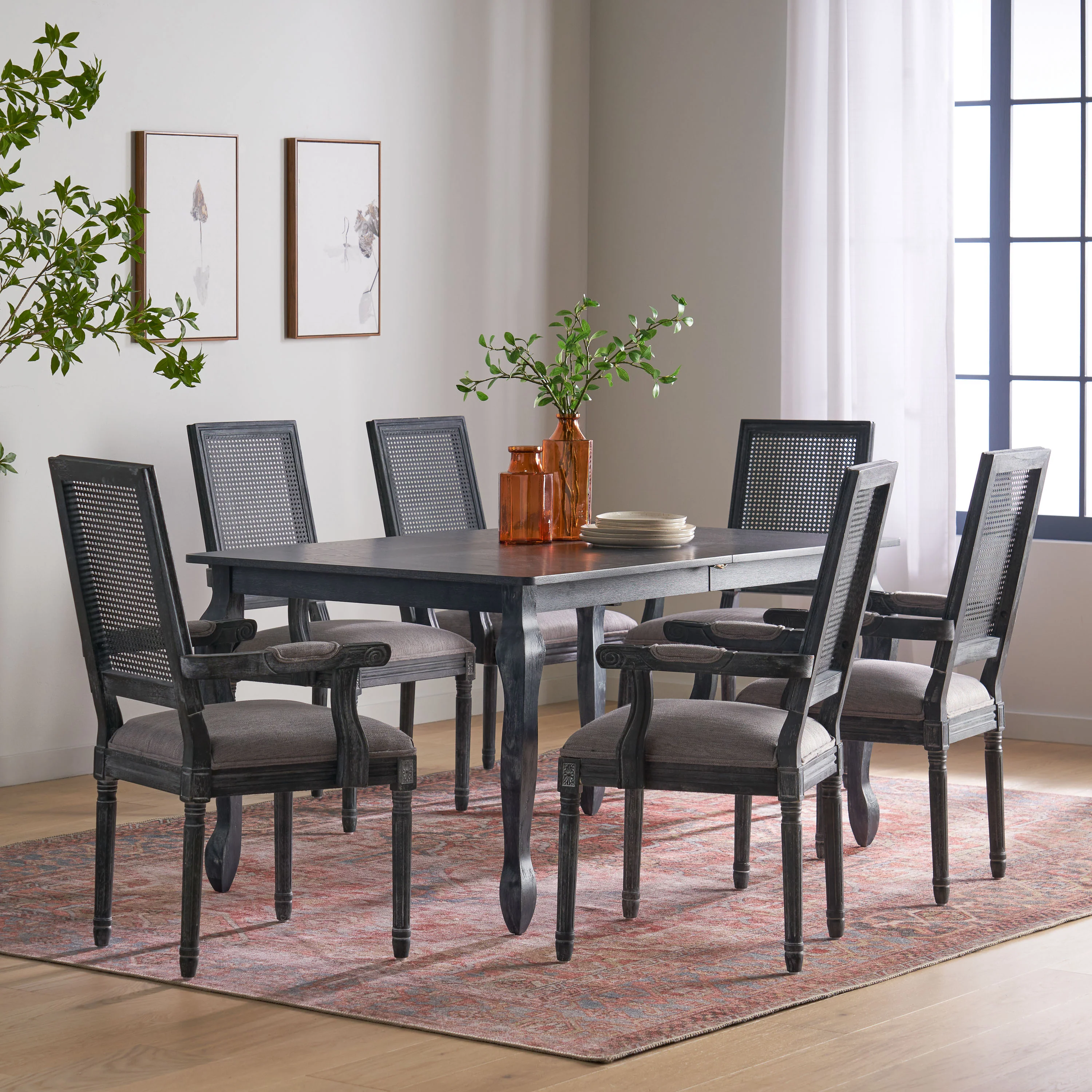 Regan French Country Fabric Upholstered Wood and Cane Expandable 7 Piece Dining Set - furnishings