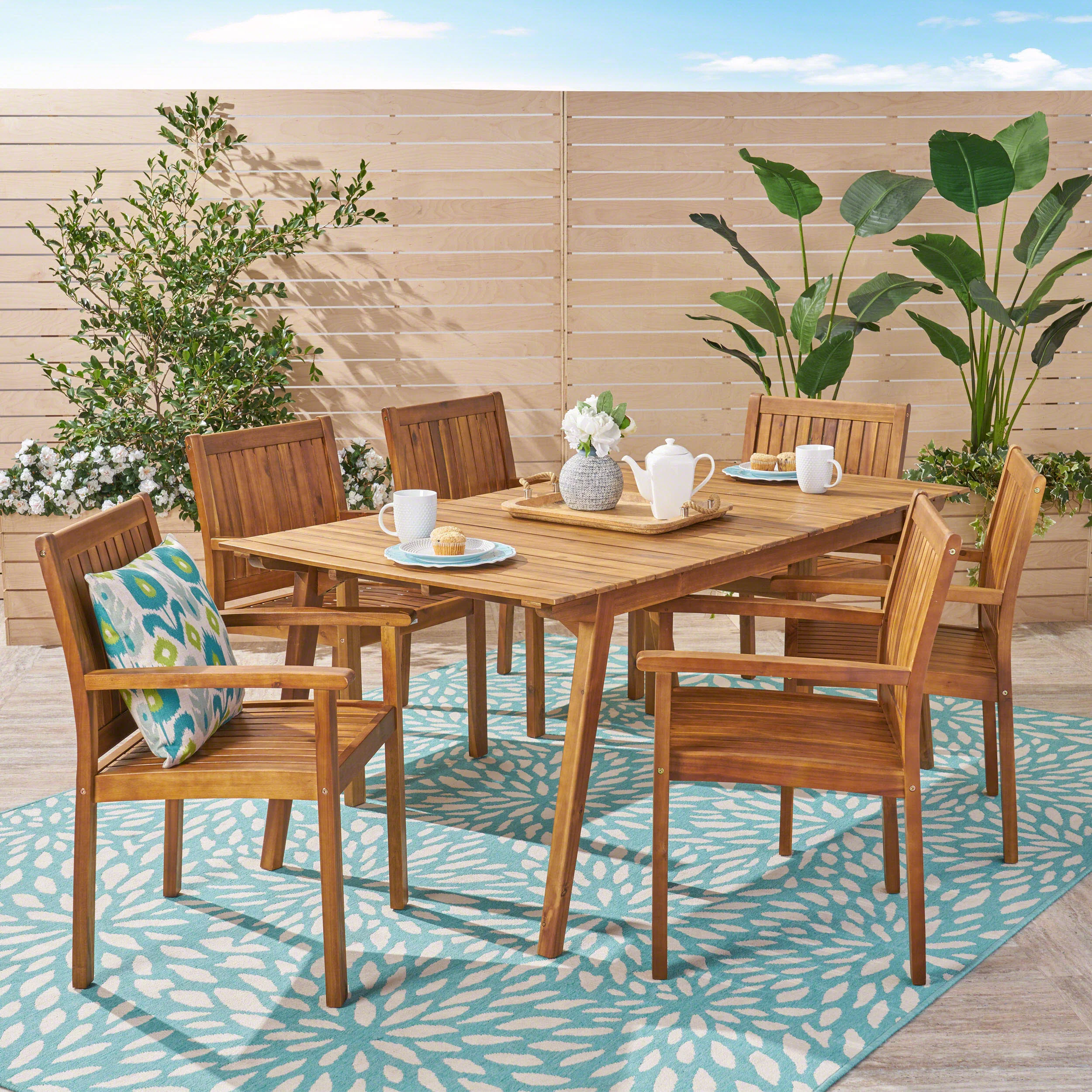 Jerry Outdoor 7 Piece Acacia Dining Set, Teak Finish - furnishings