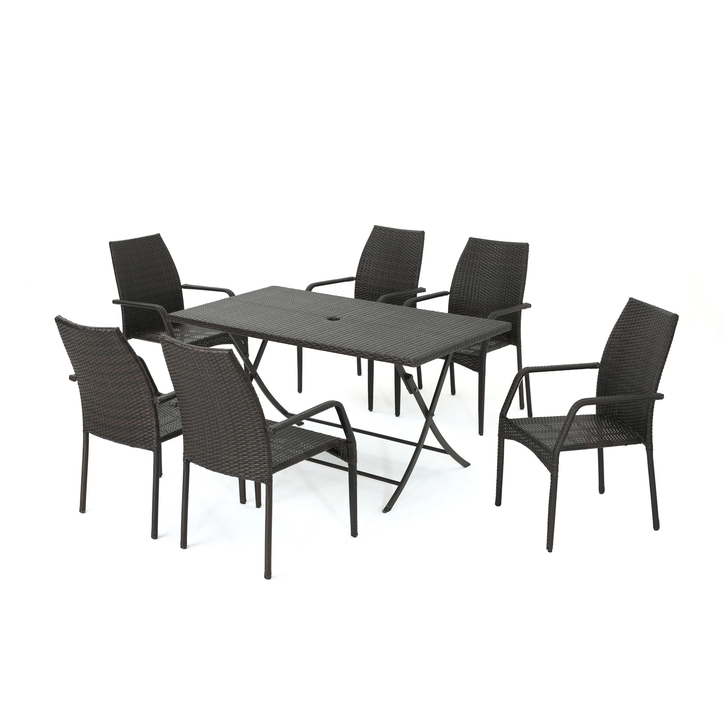 Arya Outdoor 7 Piece Multi-brown Wicker Dining Set with Foldable Table and Stack - furnishings