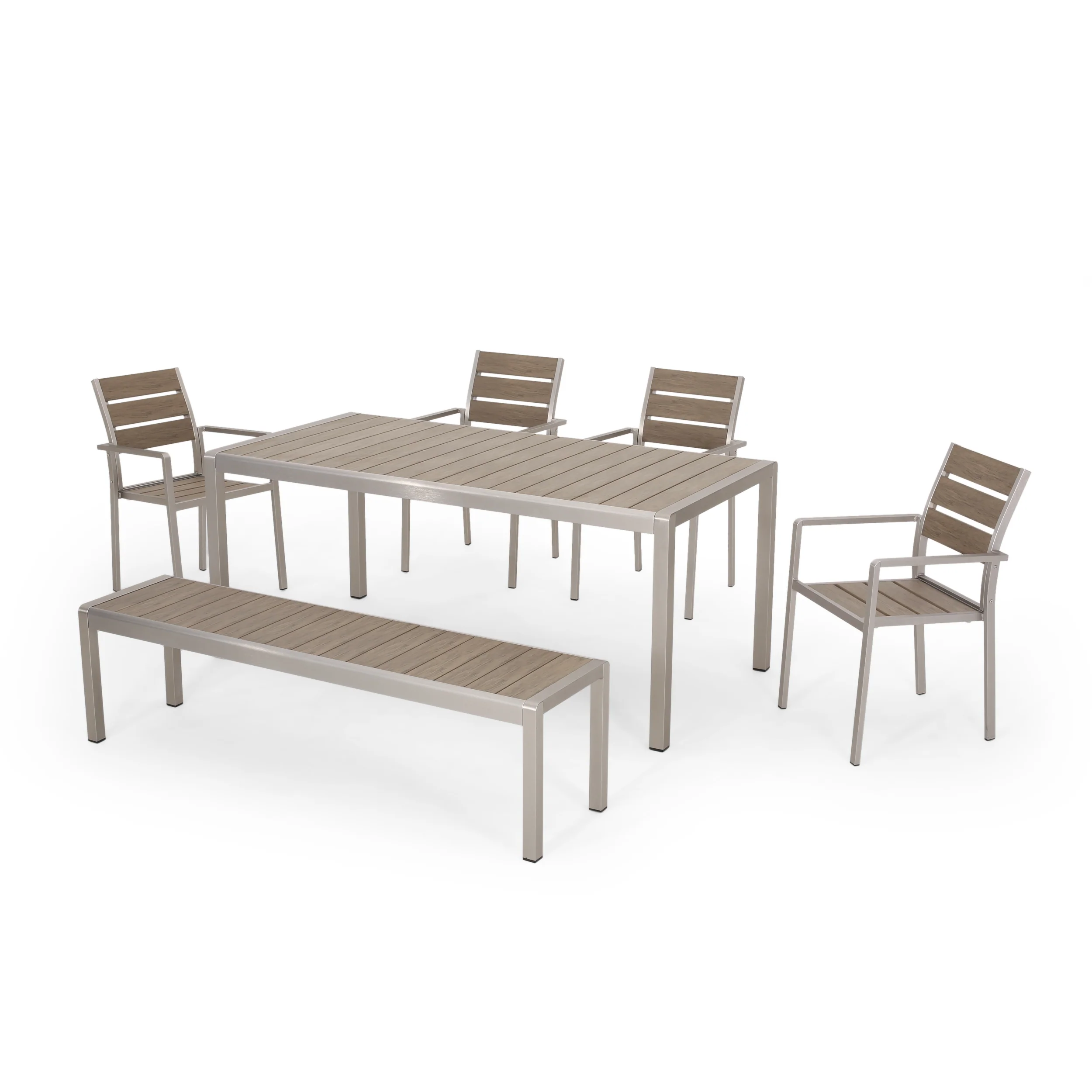 Cherie Outdoor Modern Aluminum 6 Seater Dining Set with Dining Bench - furnishings