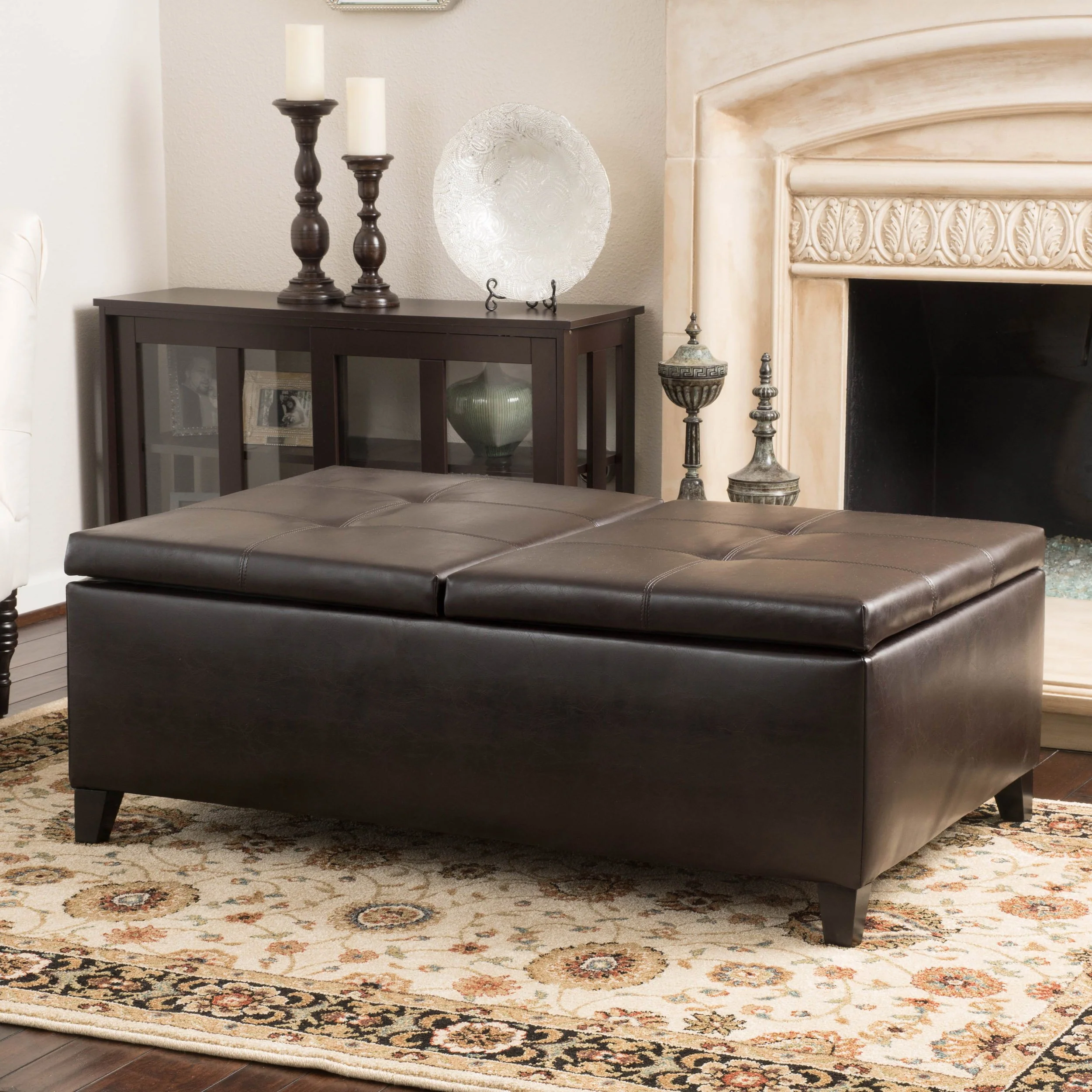 Lannisport Contemporary Button Tufted Brown Split Top Storage Ottoman - furnishings