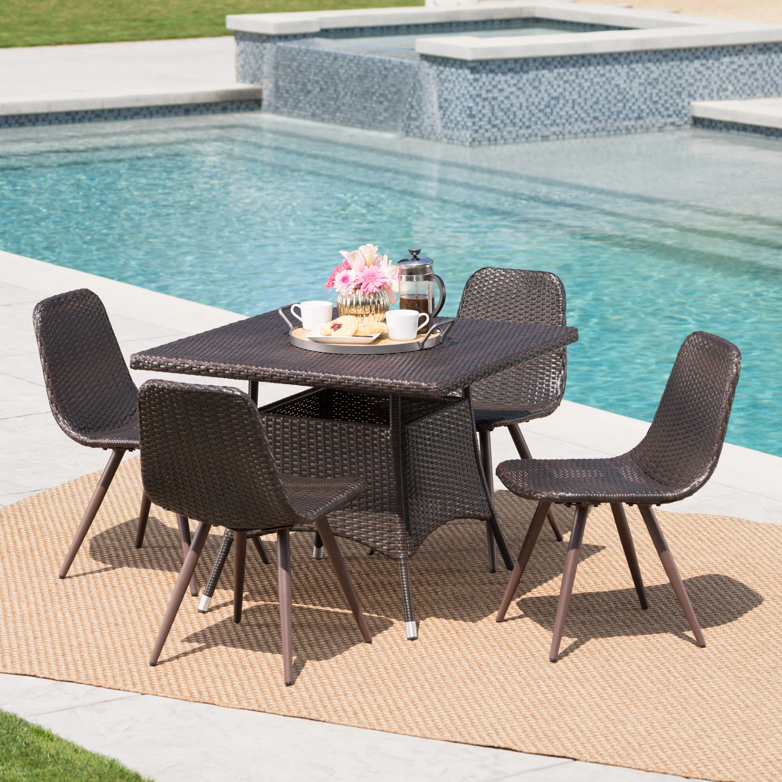 Haley Outdoor 5 Piece Multi-brown Wicker Square Dining Set - furnishings