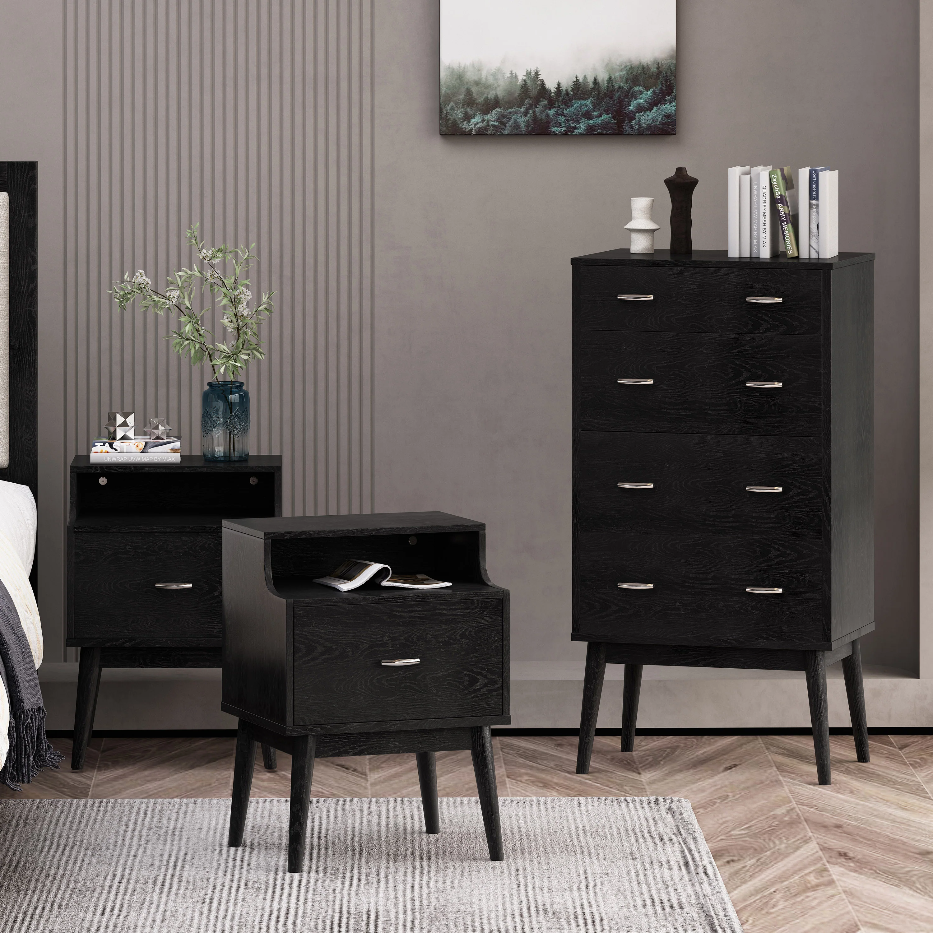 Wilbur Mid Century Wooden 3 Piece 4 Drawer Dresser and Nightstand Bedroom Set - furnishings