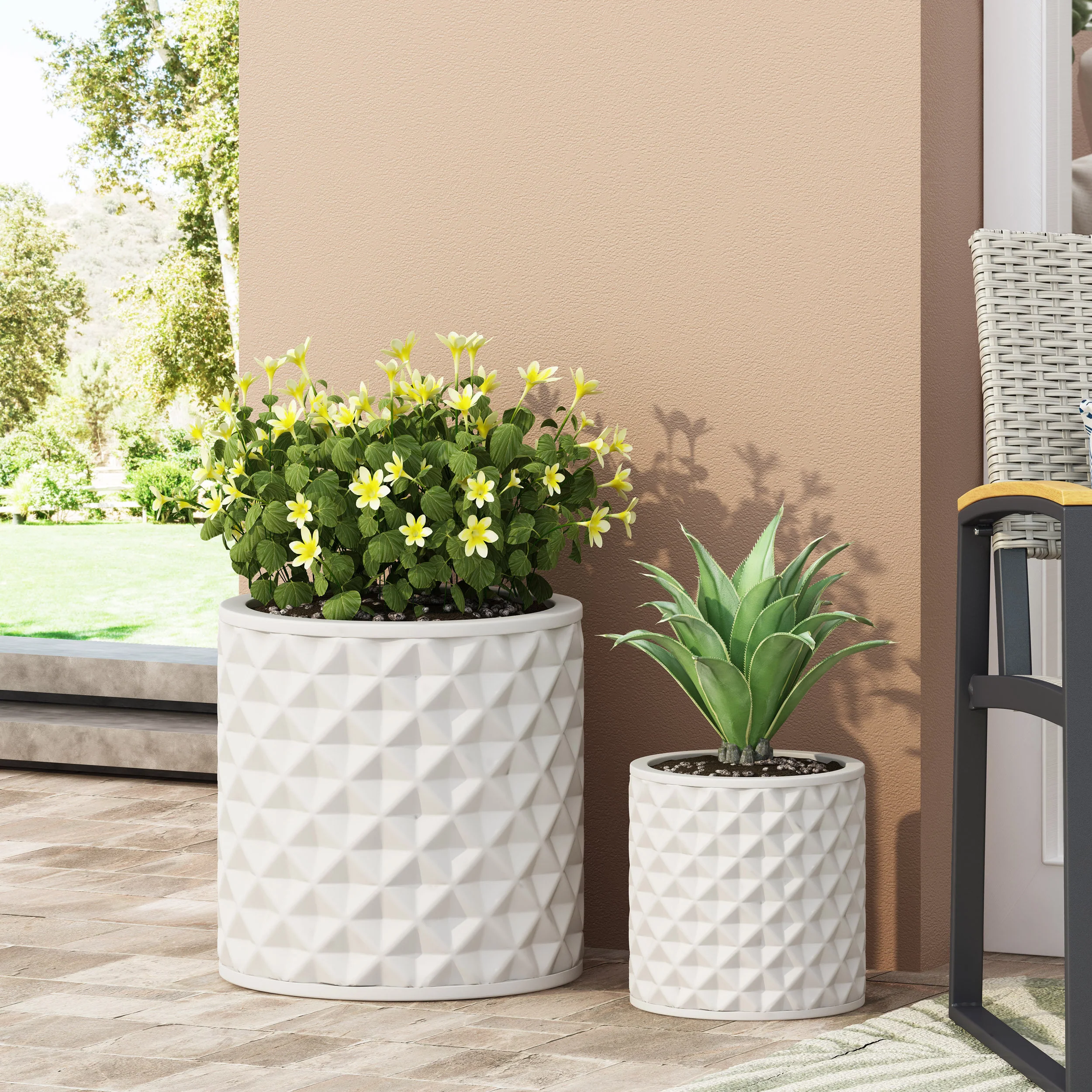 Wilbert Outdoor Small and Large Cast Stone Planter Set, Antique White - furnishings