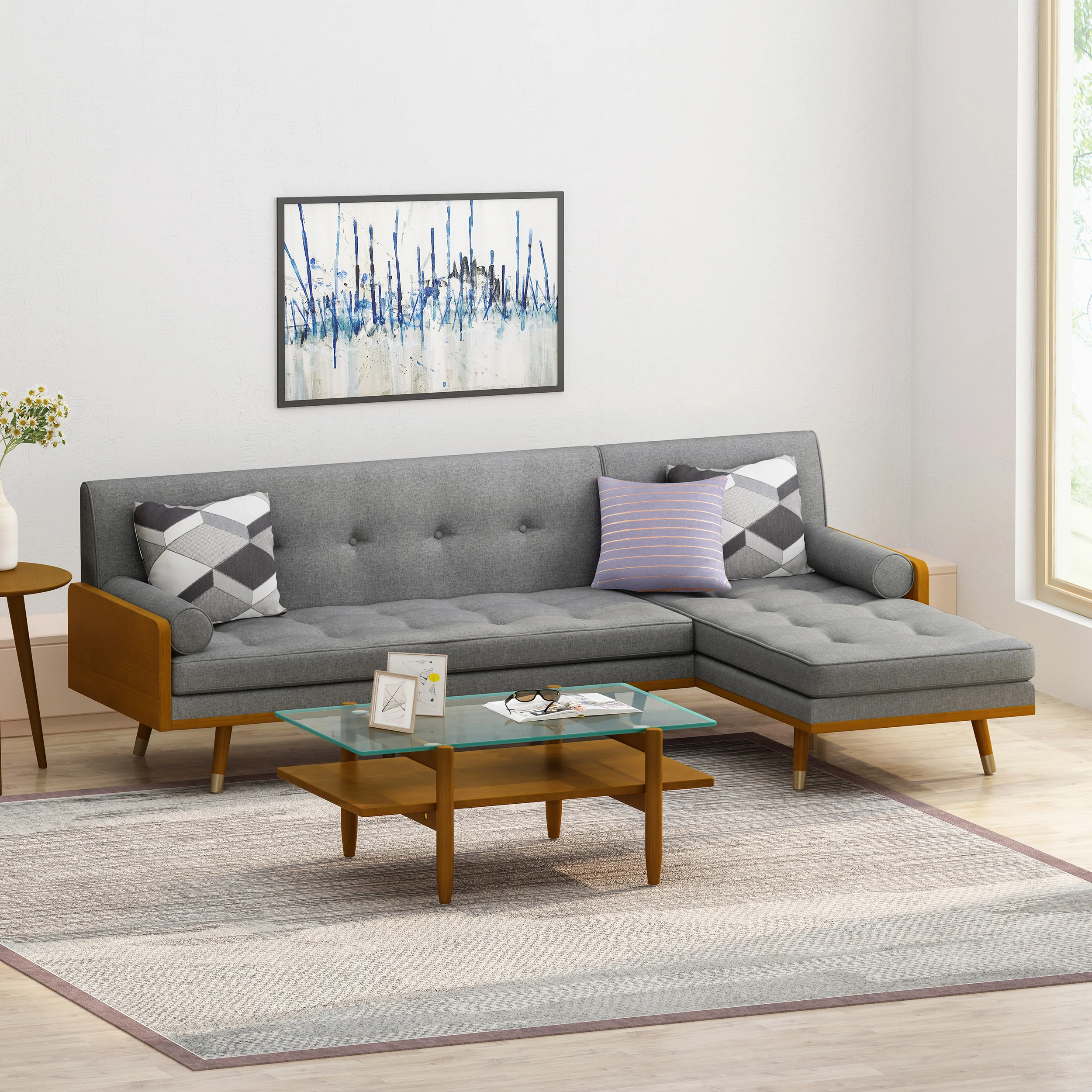 Yaretsi Mid-Century Modern Fabric Chaise Sectional - furnishings
