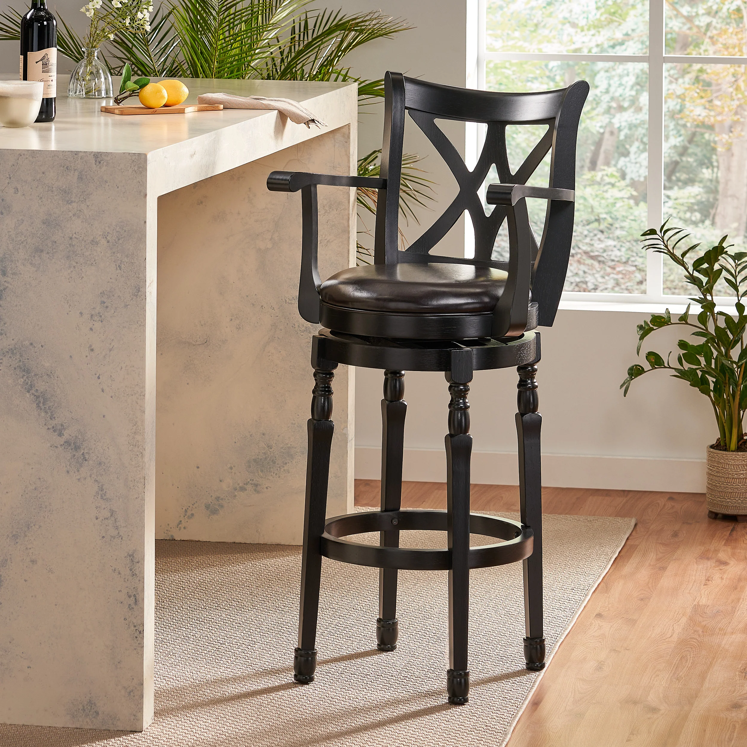 Montreal Farmhouse Black Bonded Leather Swivel Barstool with Arms - furnishings