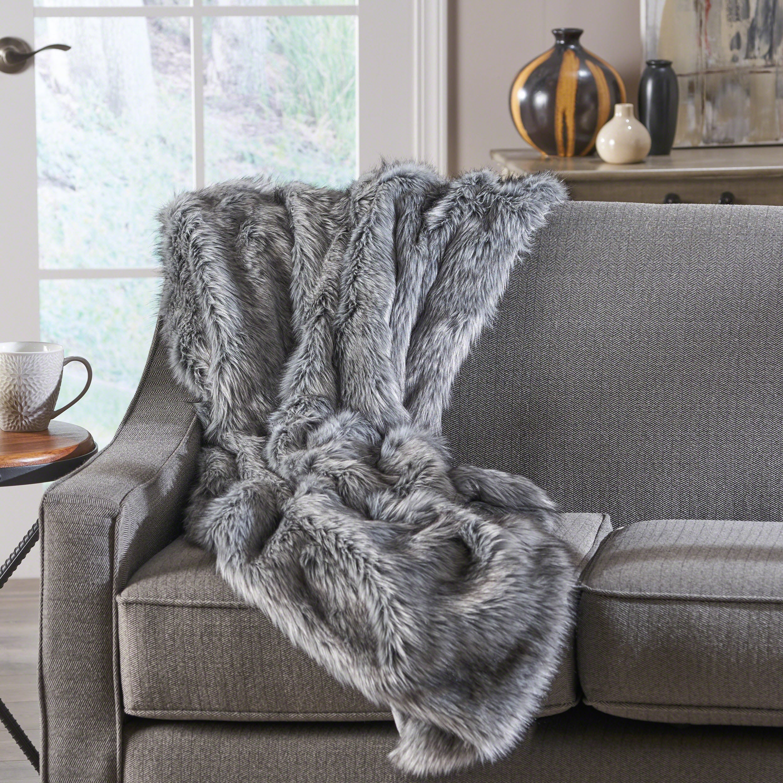 Laraine Modern Glam Rectangular Taupe Faux Fur Throw Blanket - furnishings
