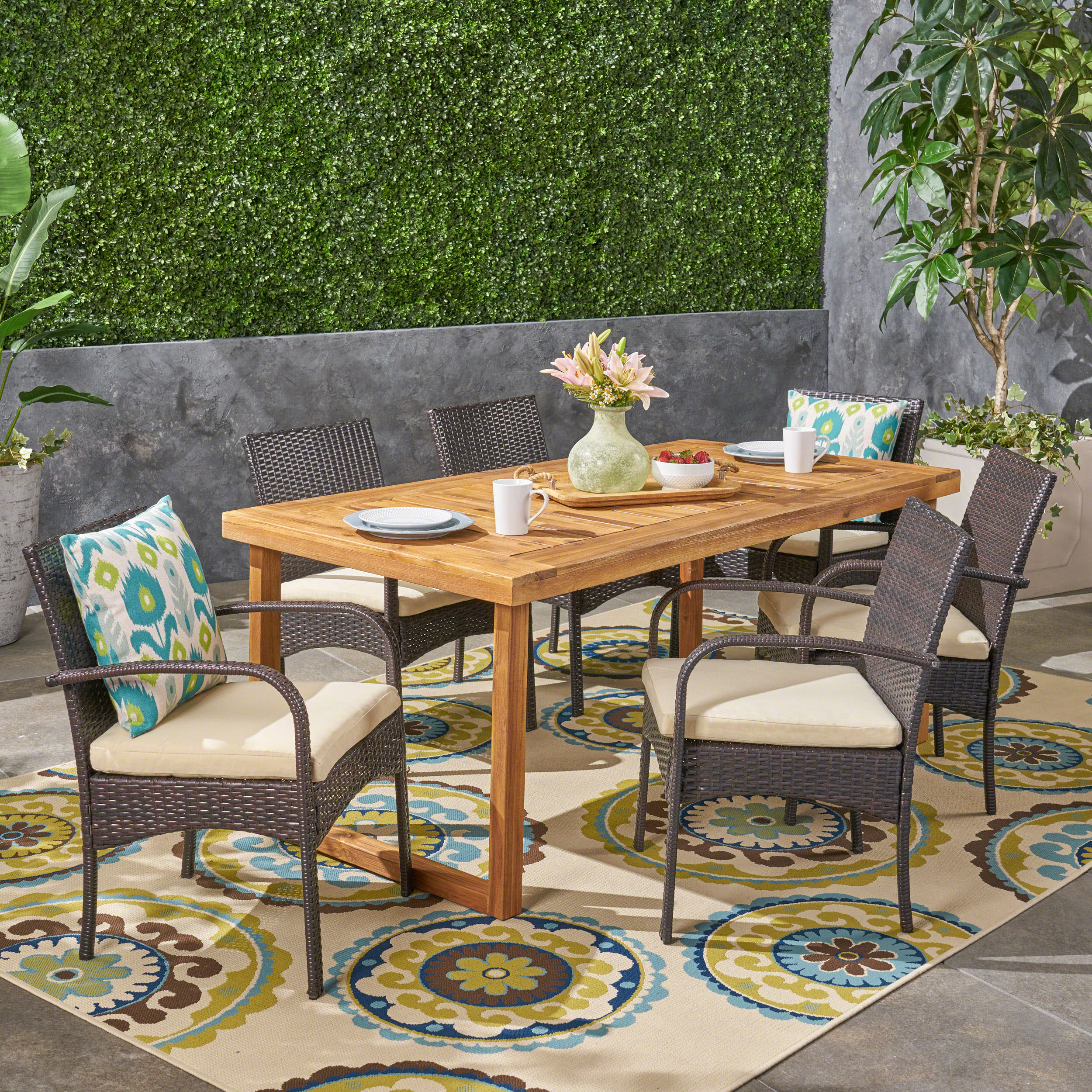 Camryn Outdoor 6-Seater Acacia Wood Dining Set with Wicker Chairs, Sandblast Natural Finish and Multi Brown and Cream - furnishings