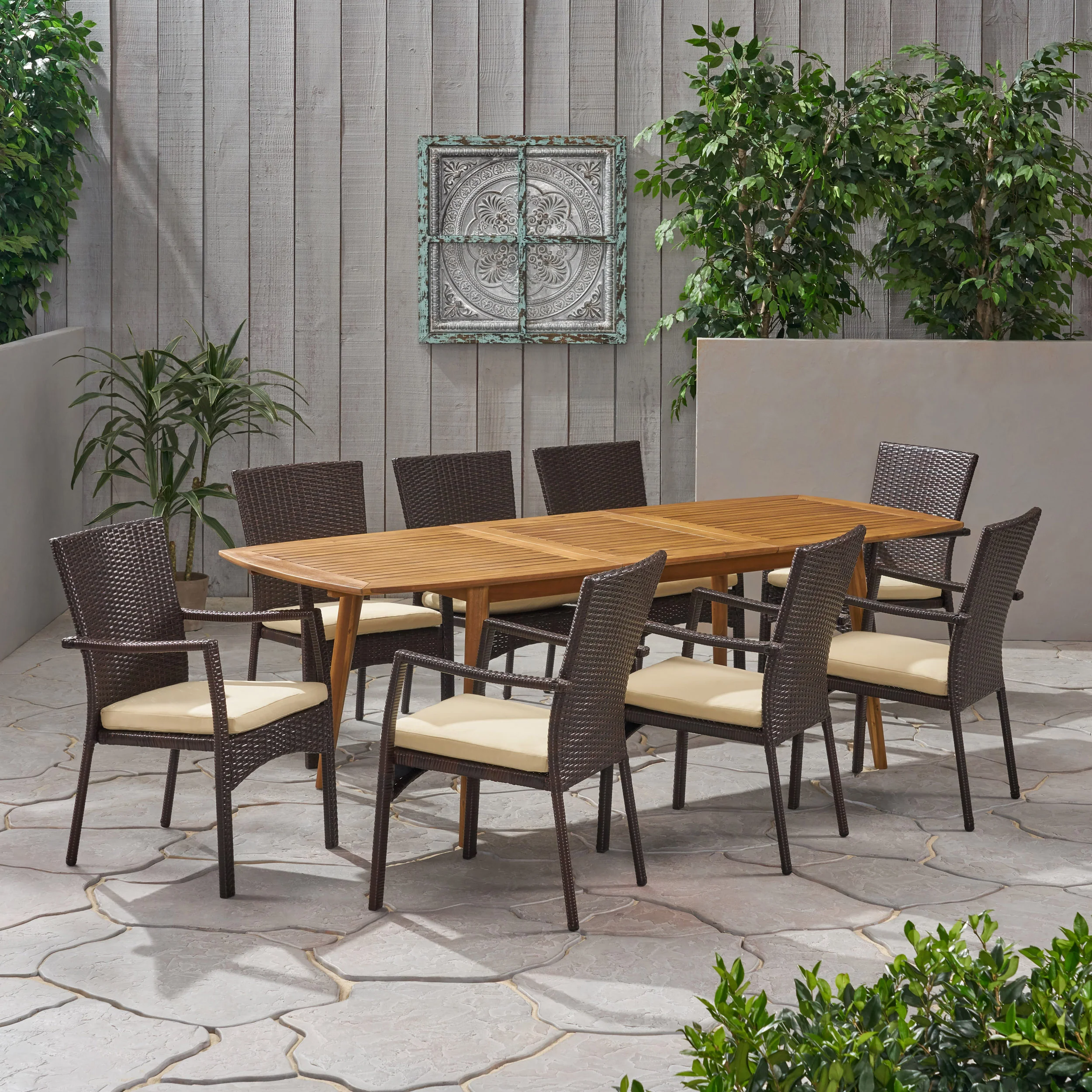 Jabari Outdoor Wood and Wicker Expandable 8 Seater Dining Set - furnishings
