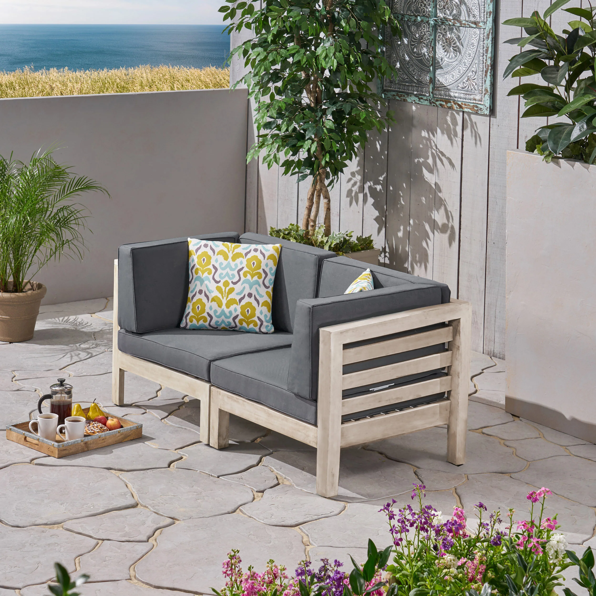 Dawson Outdoor 2-Seater Acacia Wood Sectional Loveseat Set with Cushions - furnishings