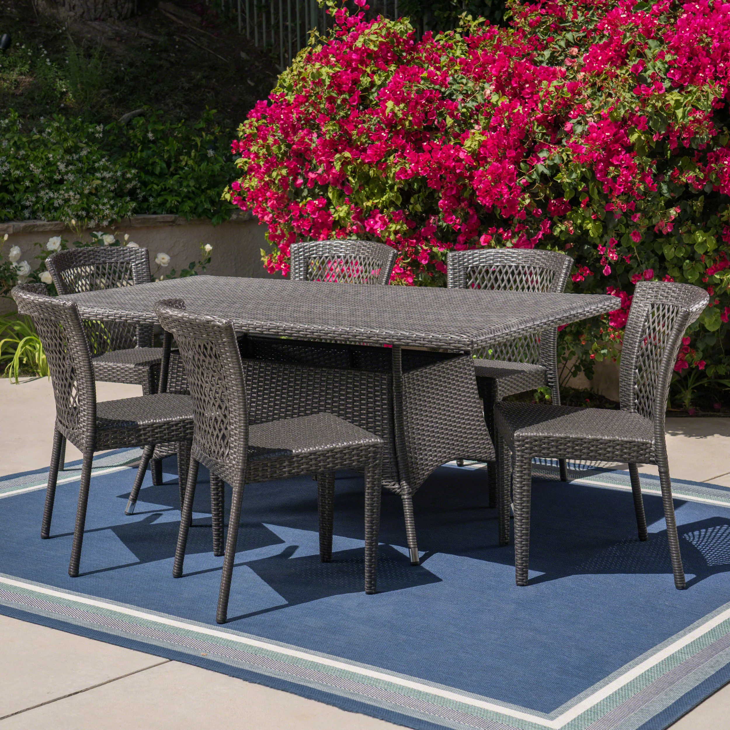 Haley Outdoor 7 Piece Wicker Dining Set, Grey - furnishings