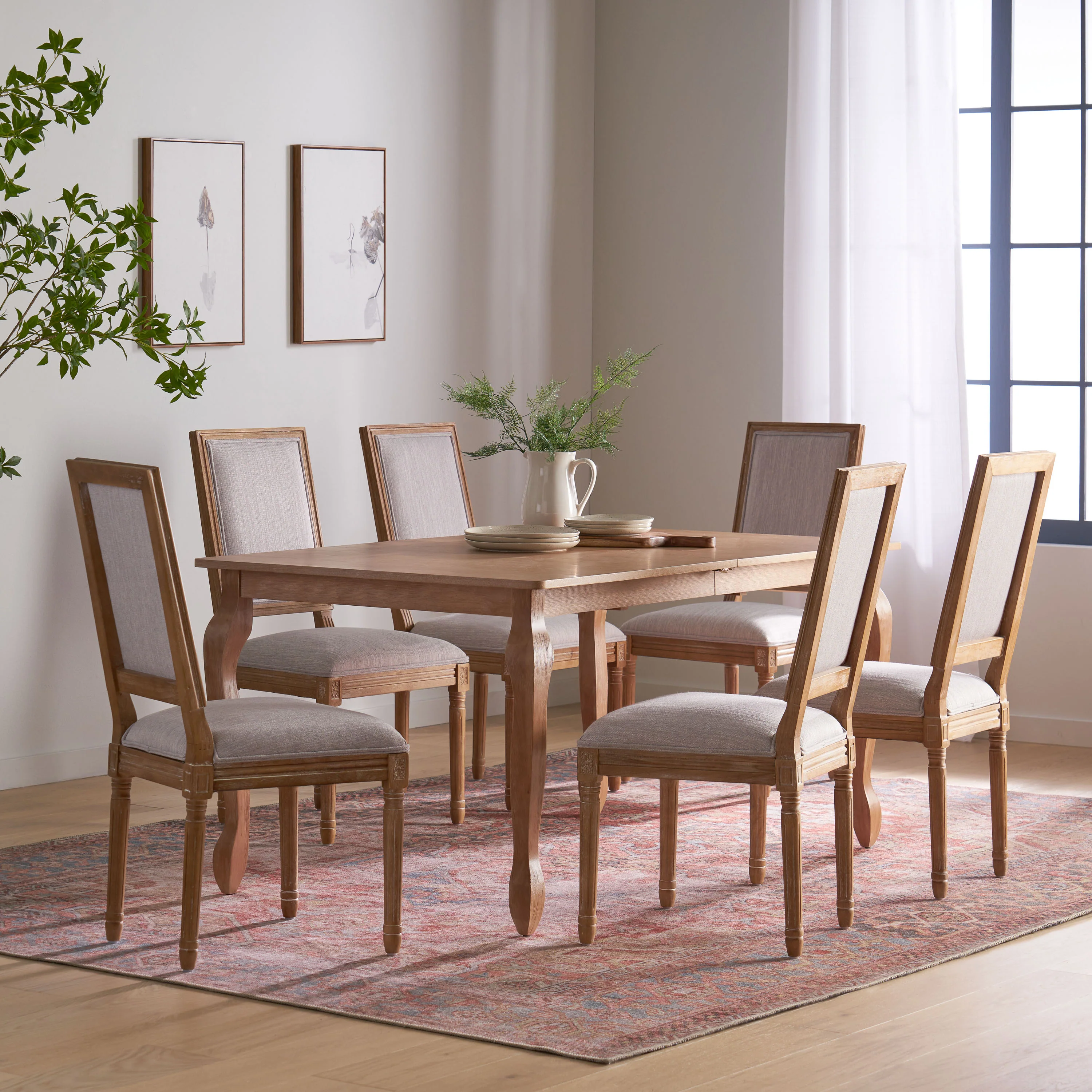 Fernleaf French Country Fabric Upholstered Wood Expandable 7 Piece Dining Set - furnishings