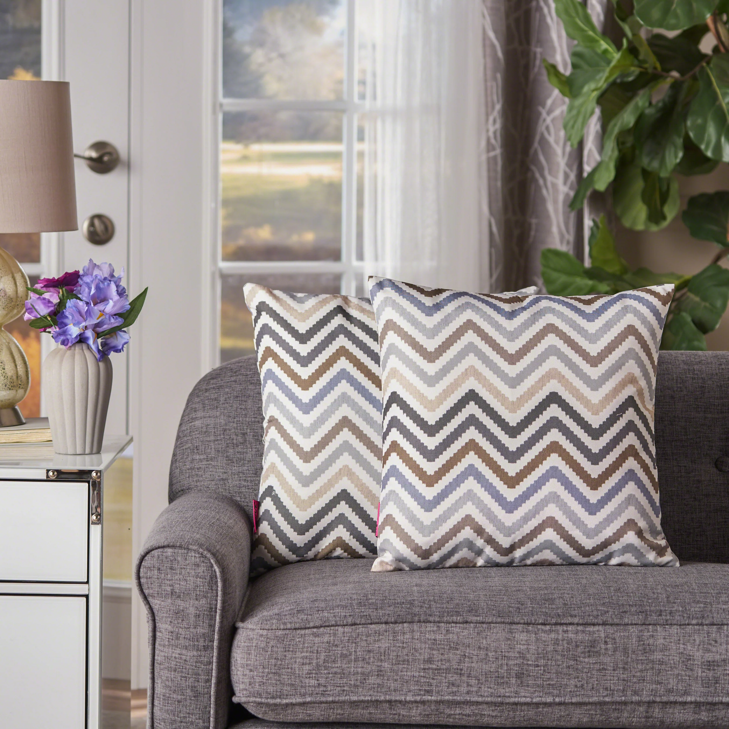 Callon Indoor Grey, Blue, and Brown Zig Zag Striped Water Resistant Square Throw Pillow - furnishings