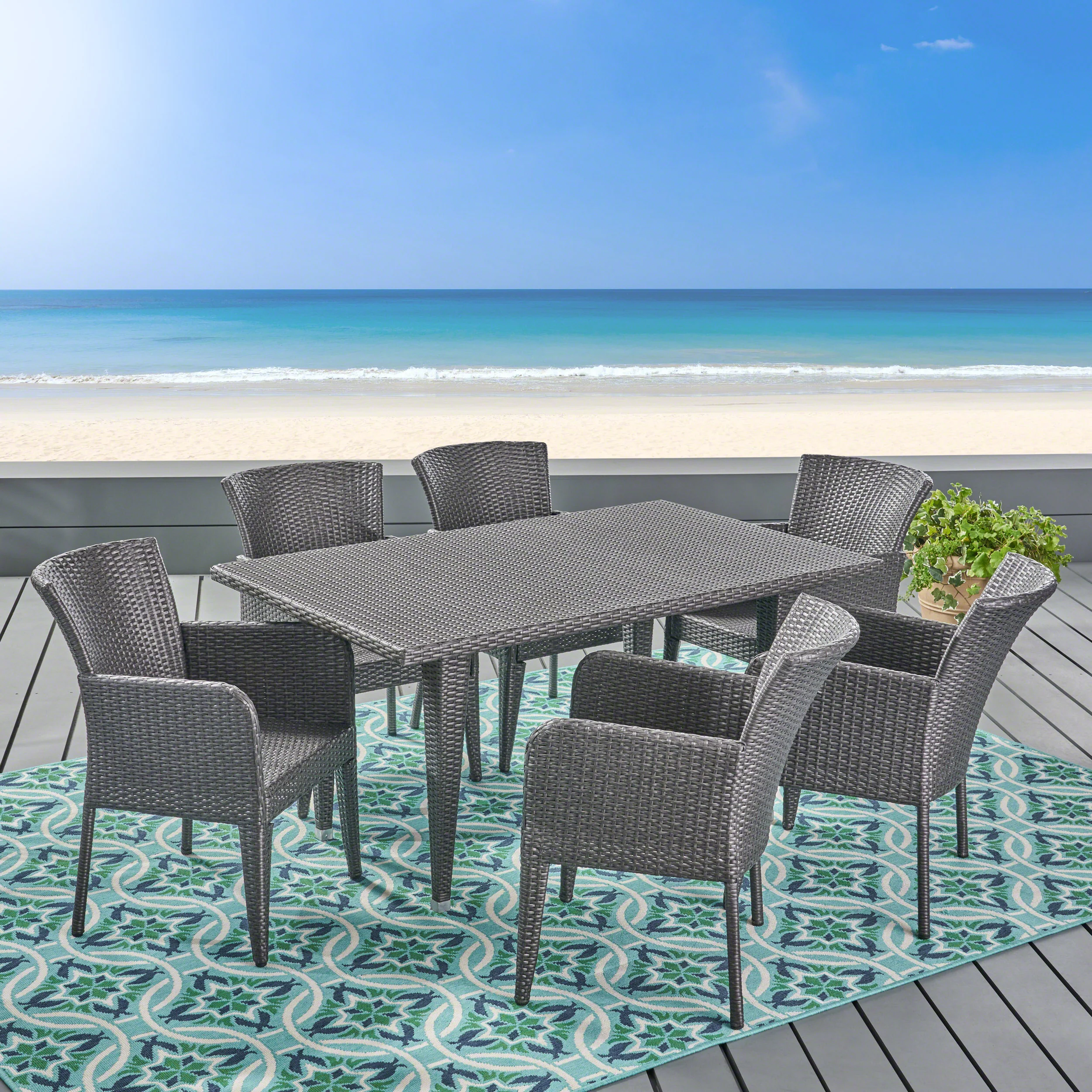 Hans Outdoor 7 Piece Wicker Dining Set, Grey - furnishings