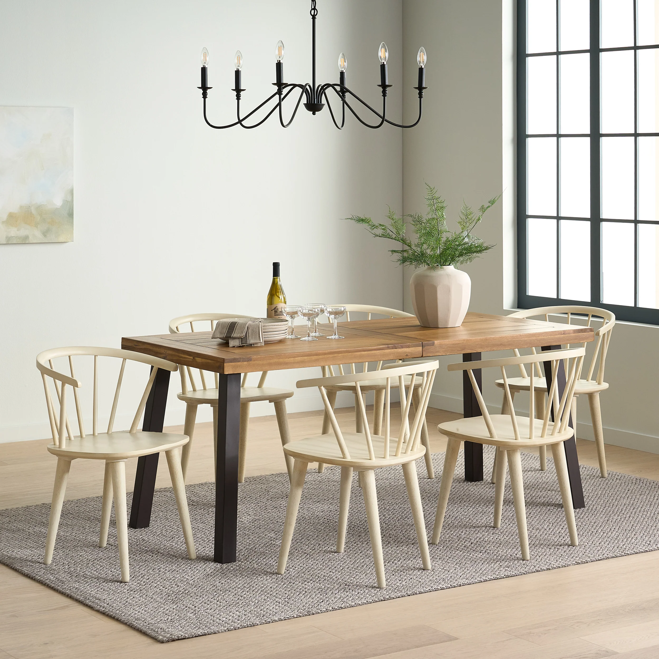 Hurlburt Farmhouse Wood and Iron 7 Piece Dining Set, Natural, Rustic Metal, and Cream - furnishings
