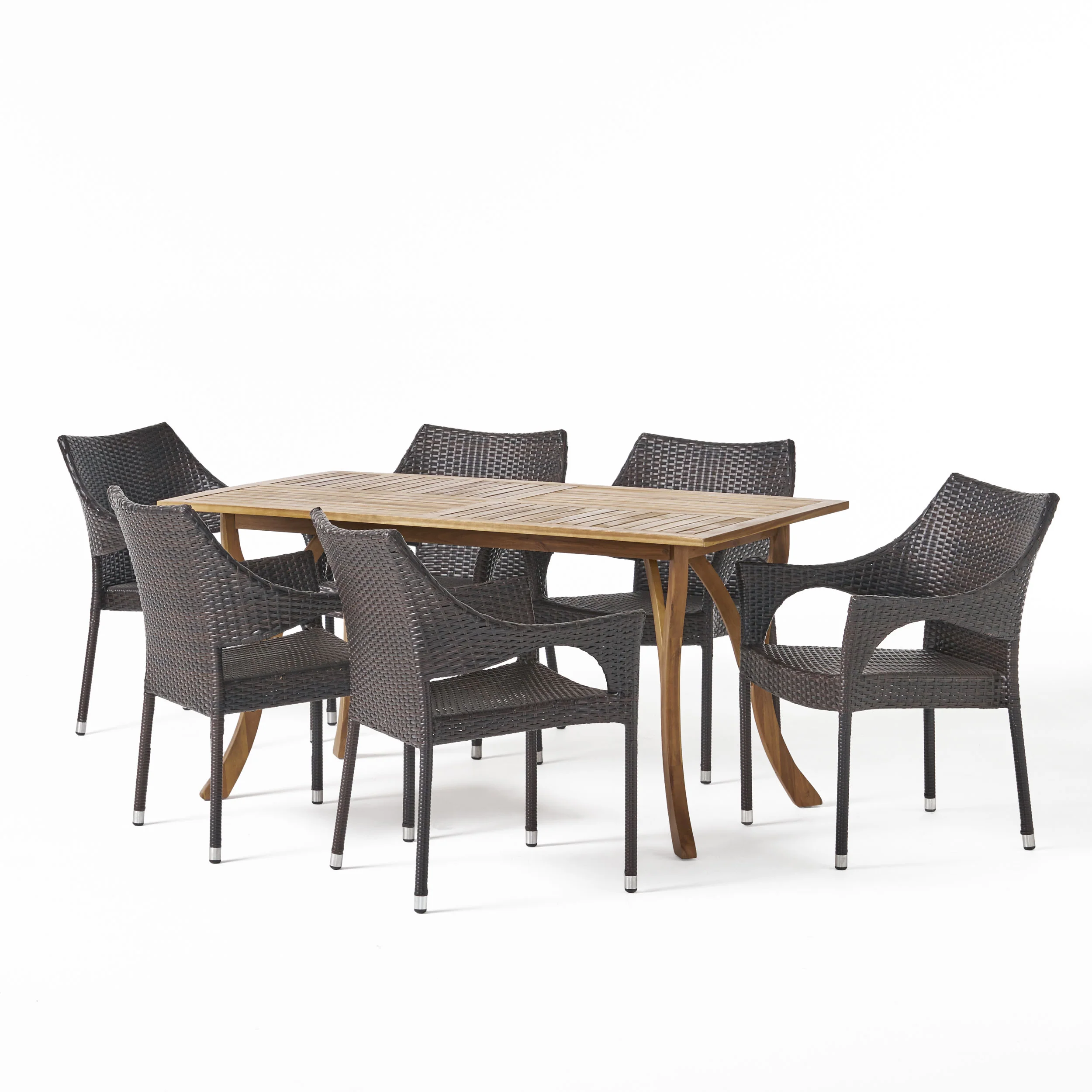 Zoey Outdoor 7 Piece Acacia Wood/ Wicker Dining Set, Teak Finish and Multibrown - furnishings