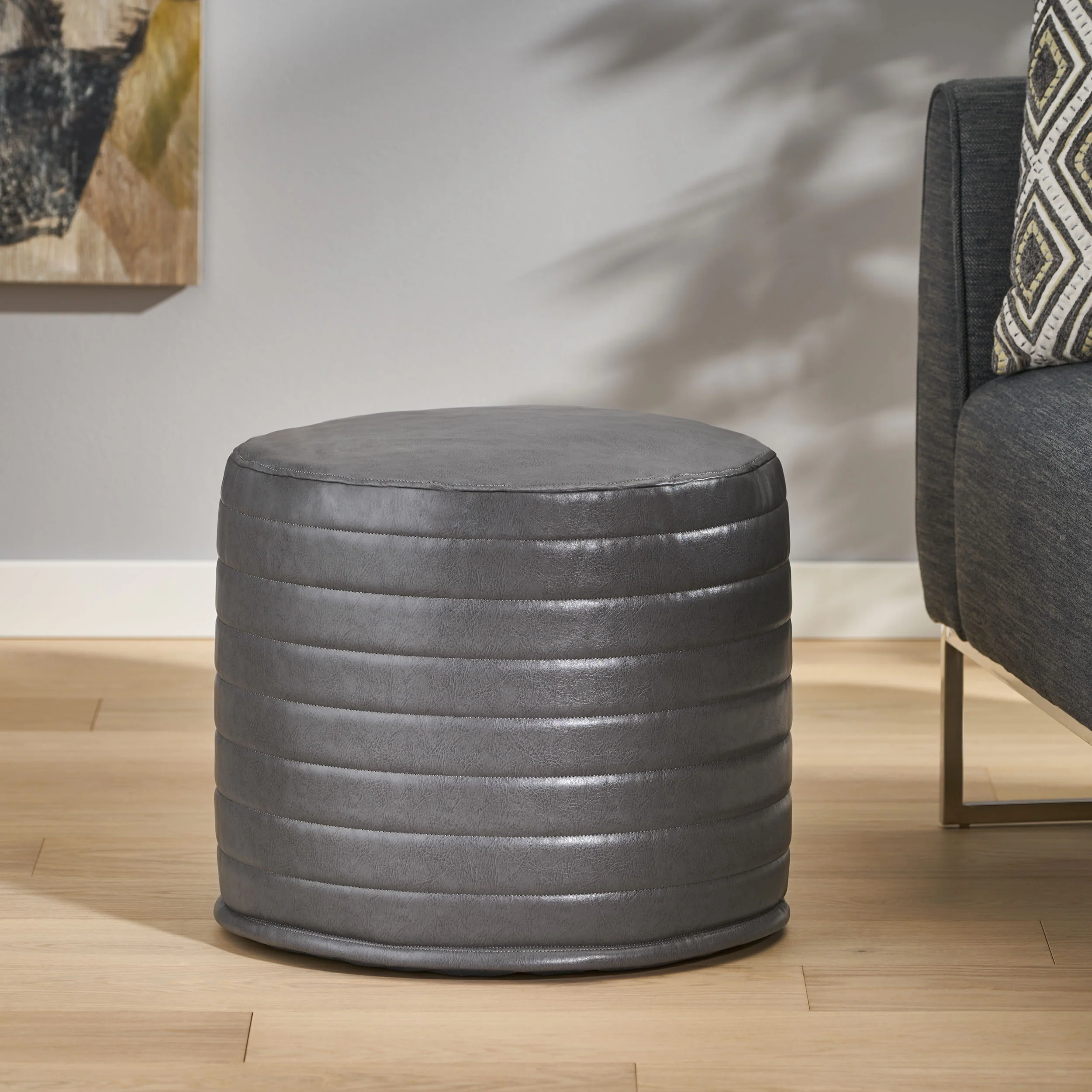 Conrail Contemporary Faux Leather Channel Stitch Pouf - furnishings
